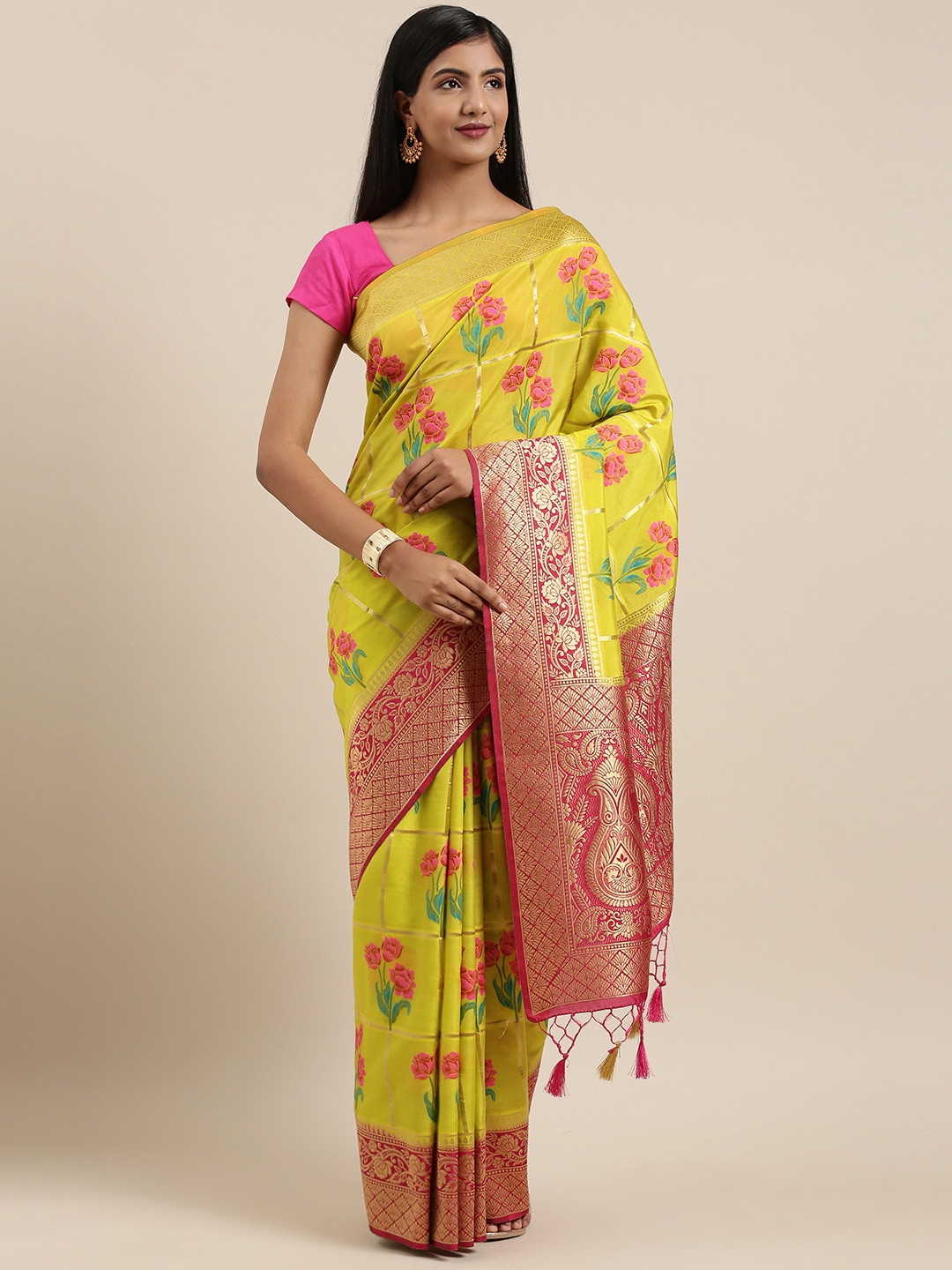 

MIMOSA Yellow & Pink Art Silk Woven Design Kanjeevaram Saree
