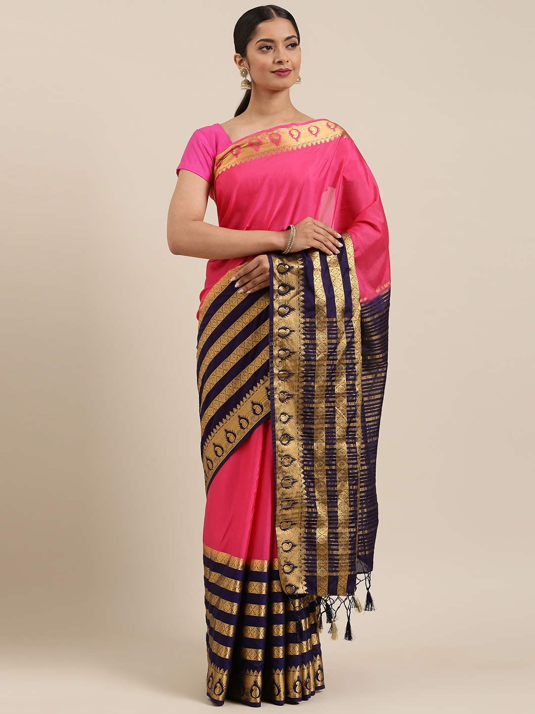 

MIMOSA Pink & Gold-Toned Woven Design Mysore Silk Saree