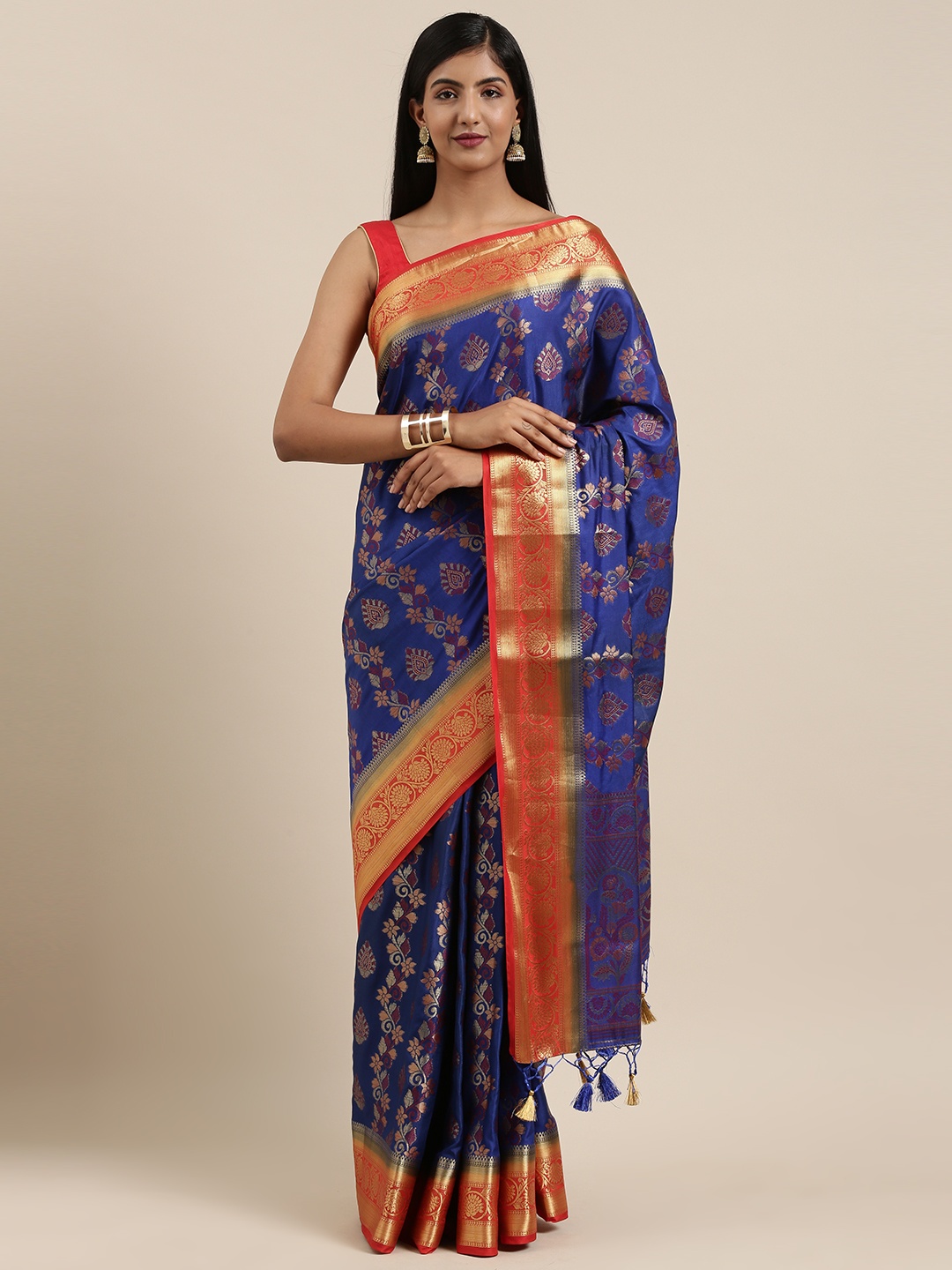 

MIMOSA Blue & Gold-Toned Art Silk Woven Design Kanjeevaram Saree