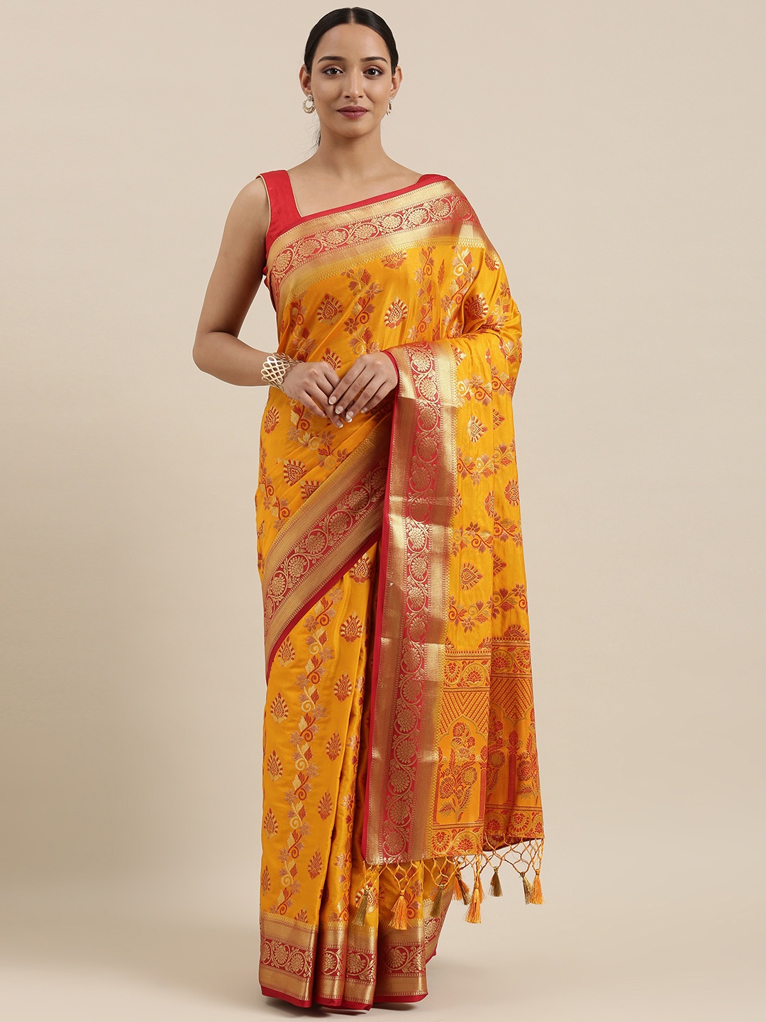 

MIMOSA Mustard & Gold-Toned Woven Design Kanjeevaram Saree