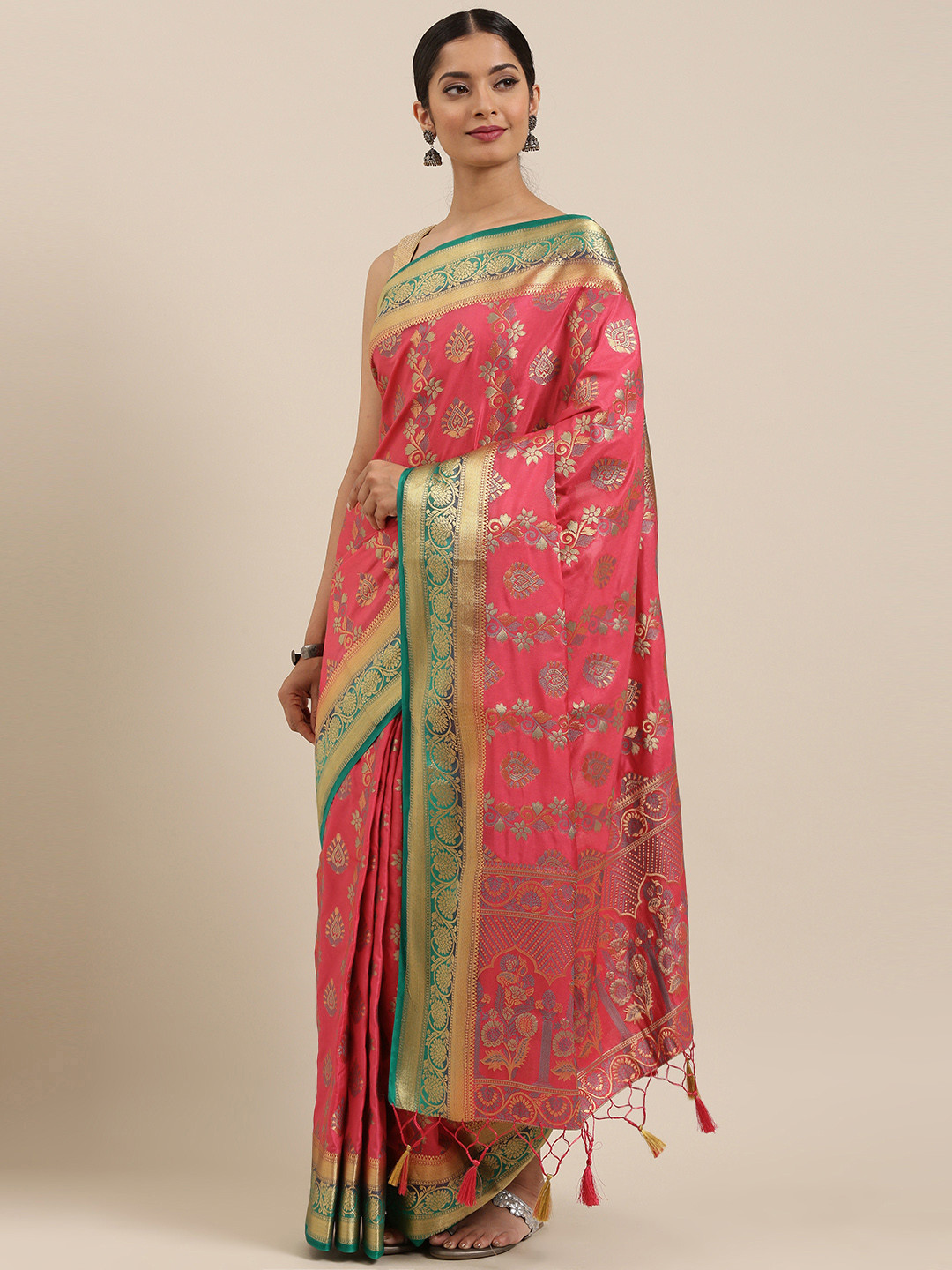 

MIMOSA Pink & Gold-Toned Art Silk Woven Design Kanjeevaram Saree