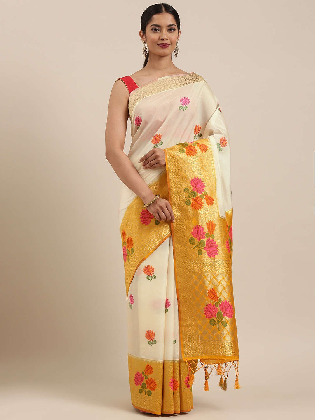 

MIMOSA Off-White Art Silk Woven Design Kanjeevaram Saree