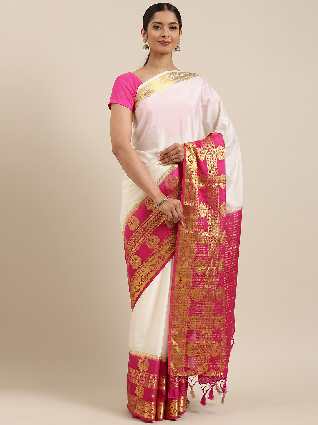 

MIMOSA White Poly Crepe Woven Design Mysore Silk Saree