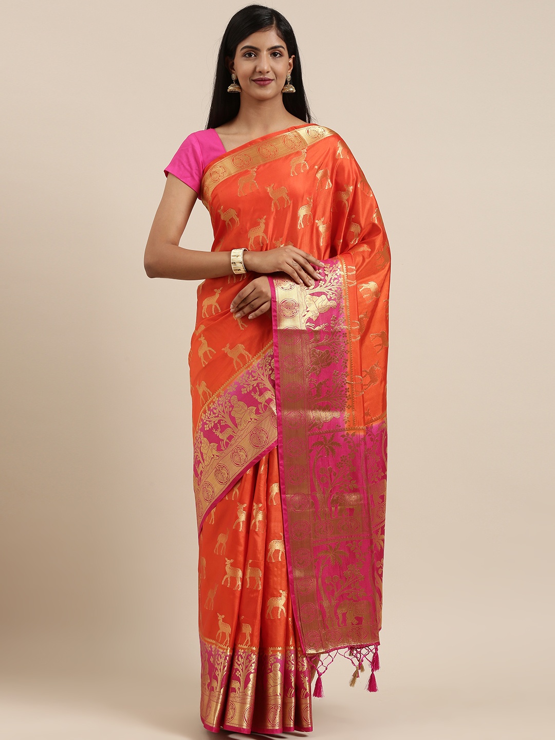 

MIMOSA Rust & Gold-Toned Art Silk Woven Design Kanjeevaram Saree
