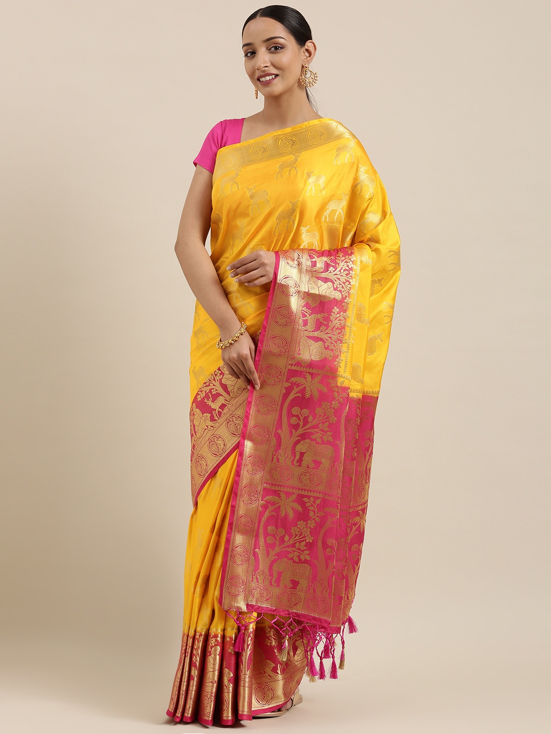 

MIMOSA Yellow & Pink Art Silk Woven Design Kanjeevaram Saree