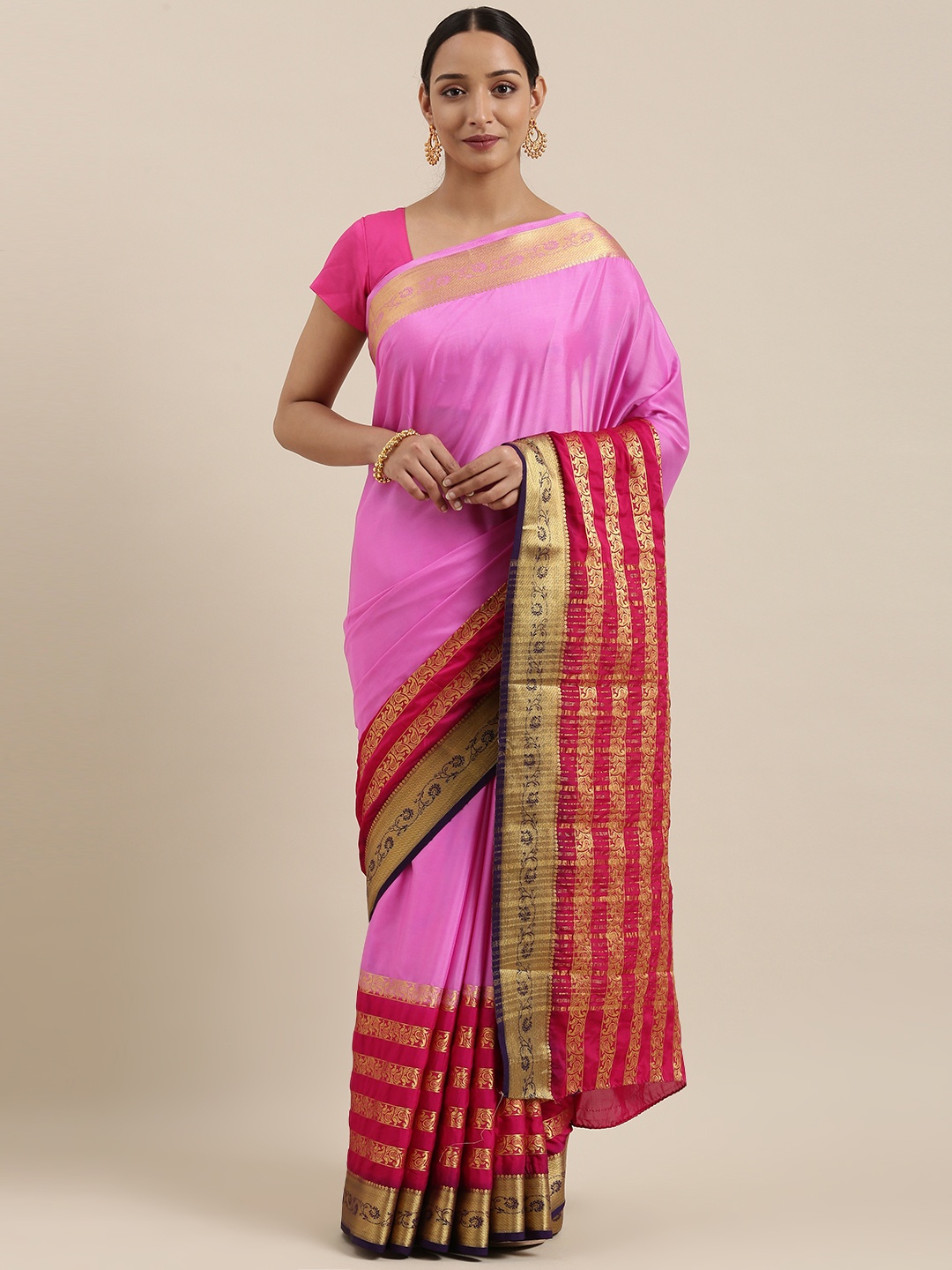 

MIMOSA Purple & Pink Poly Crepe Woven Design Mysore Silk Saree