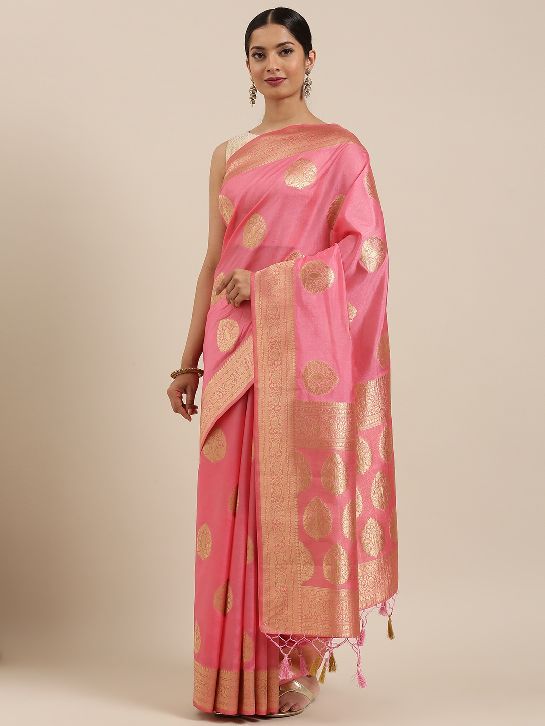 

MIMOSA Pink & Gold-Toned Art Silk Woven Design Kanjeevaram Saree