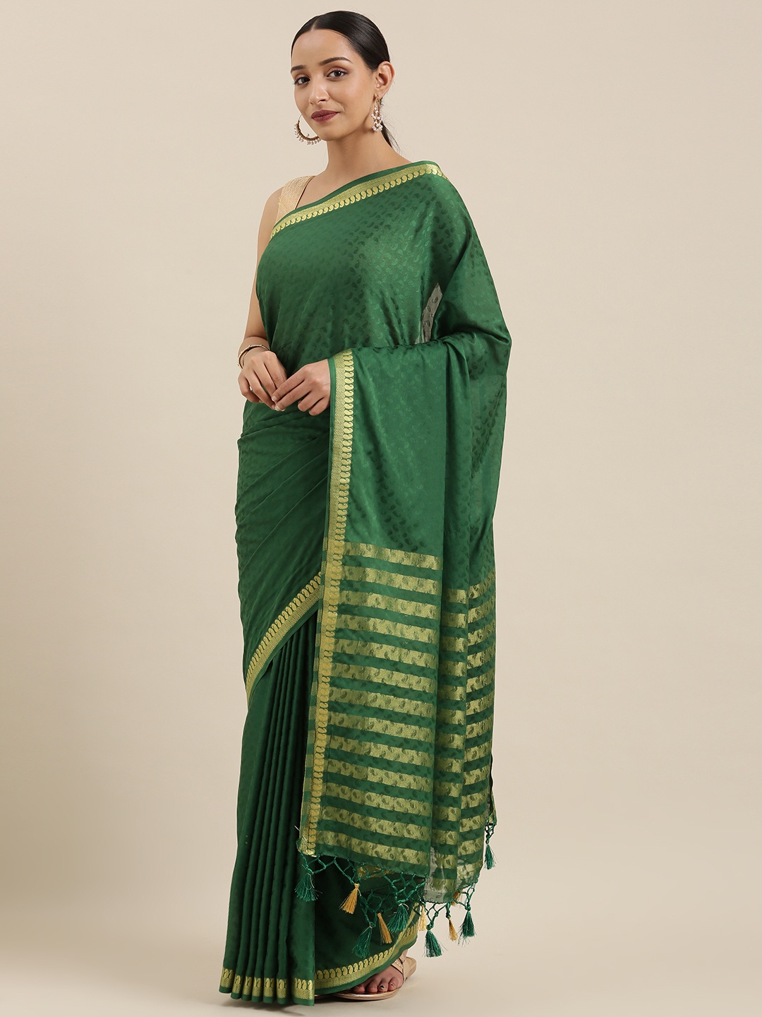 

MIMOSA Green Poly Crepe Self-Design Mysore Silk Saree