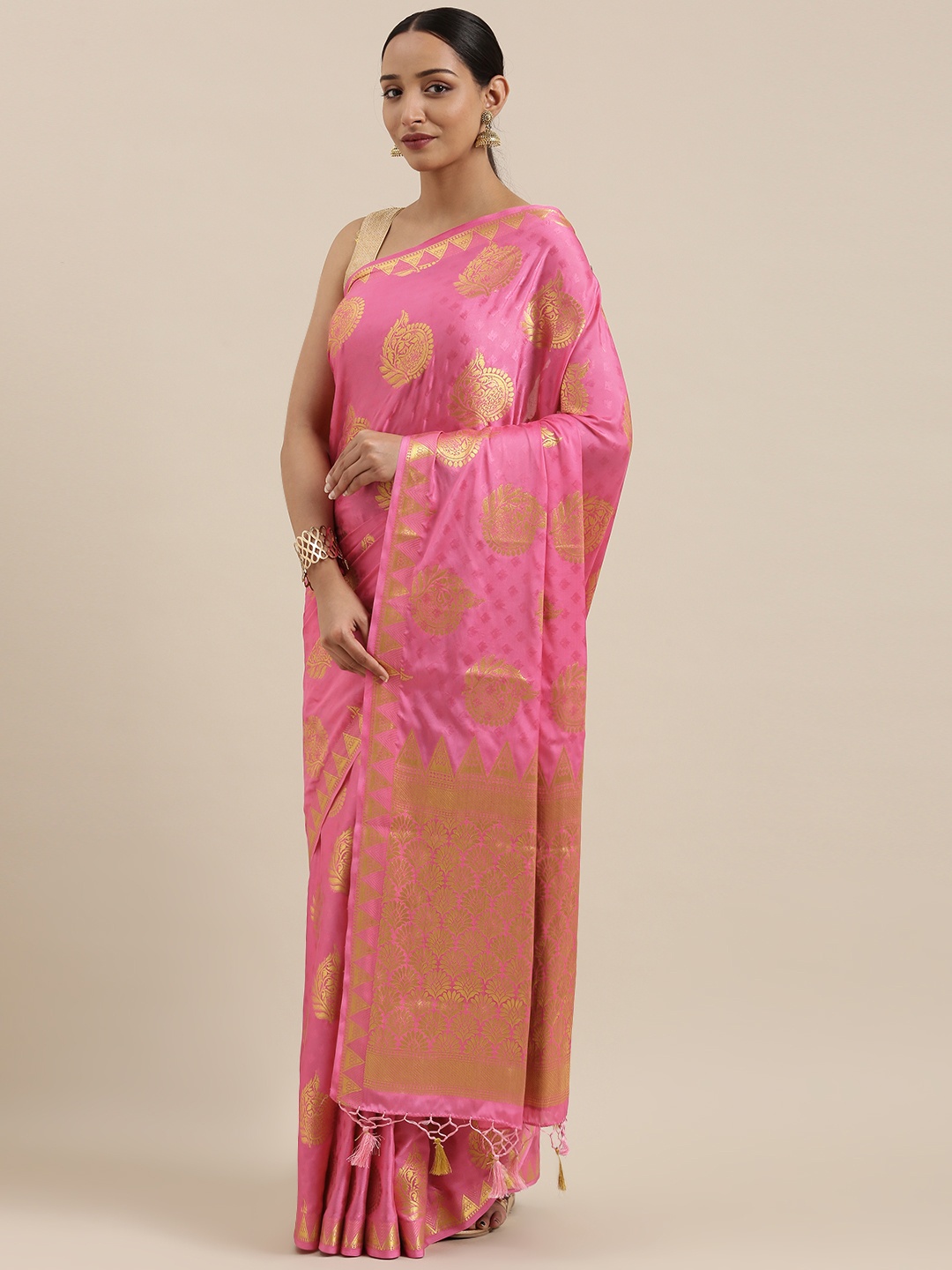 

MIMOSA Pink & Gold-Toned Poly Crepe Woven Design Mysore Silk Saree