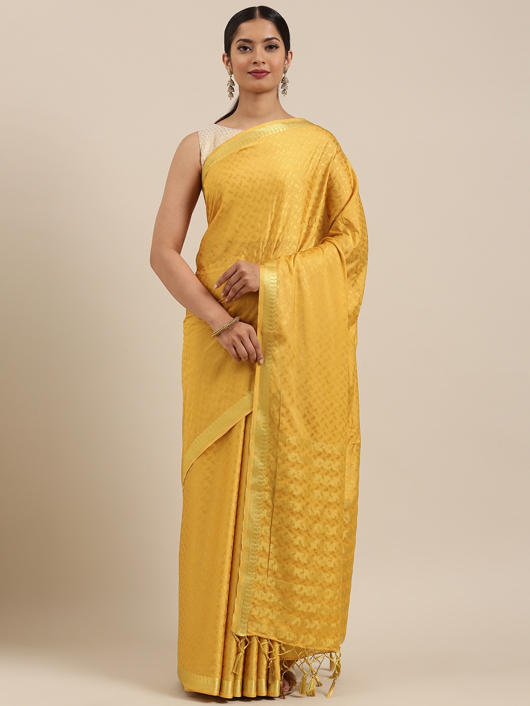 

MIMOSA Yellow Poly Crepe Self-Design Mysore Silk Saree