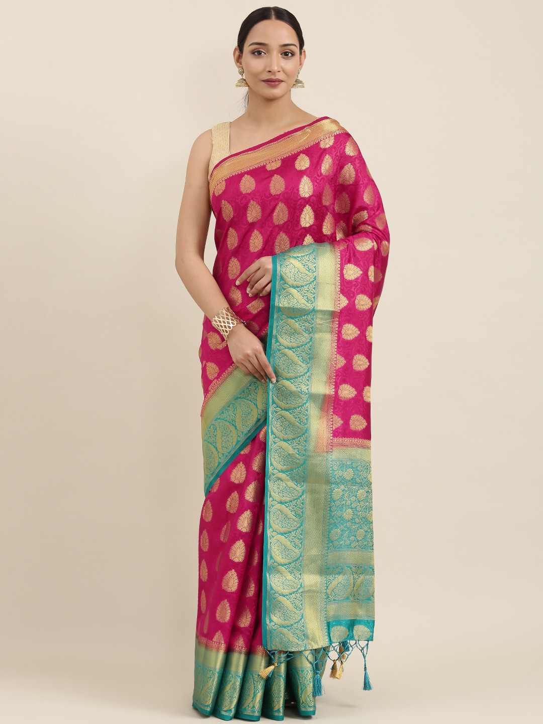 

MIMOSA Pink & Gold-Toned Woven Design Kanjeevaram Saree