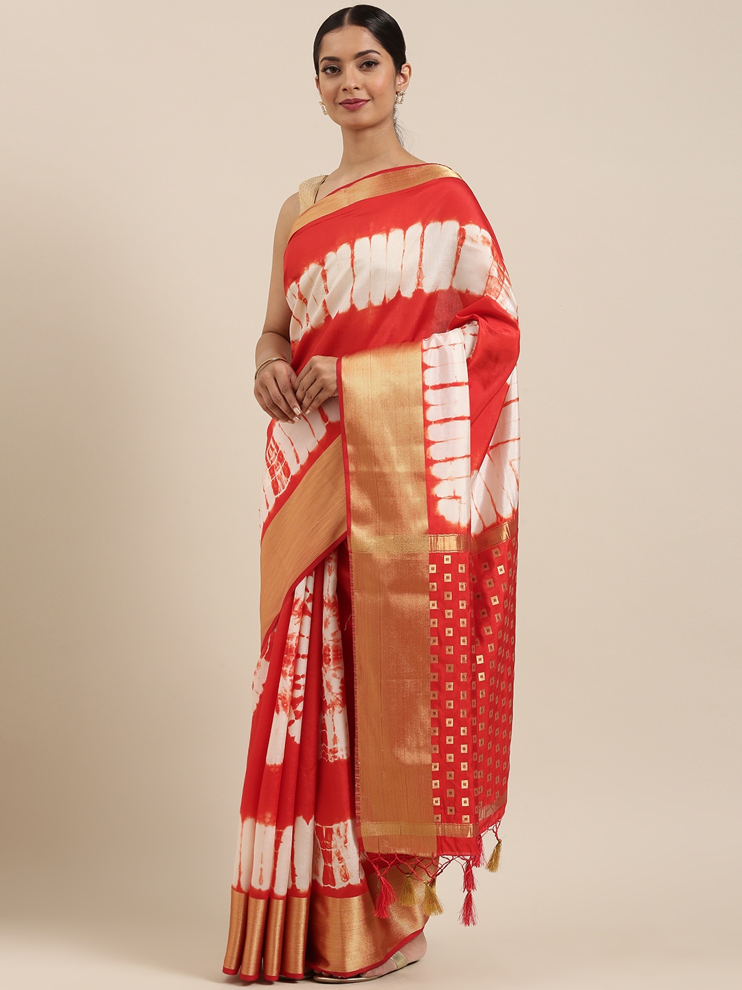 

MIMOSA Red & White Art Silk Dyed Banarasi Saree
