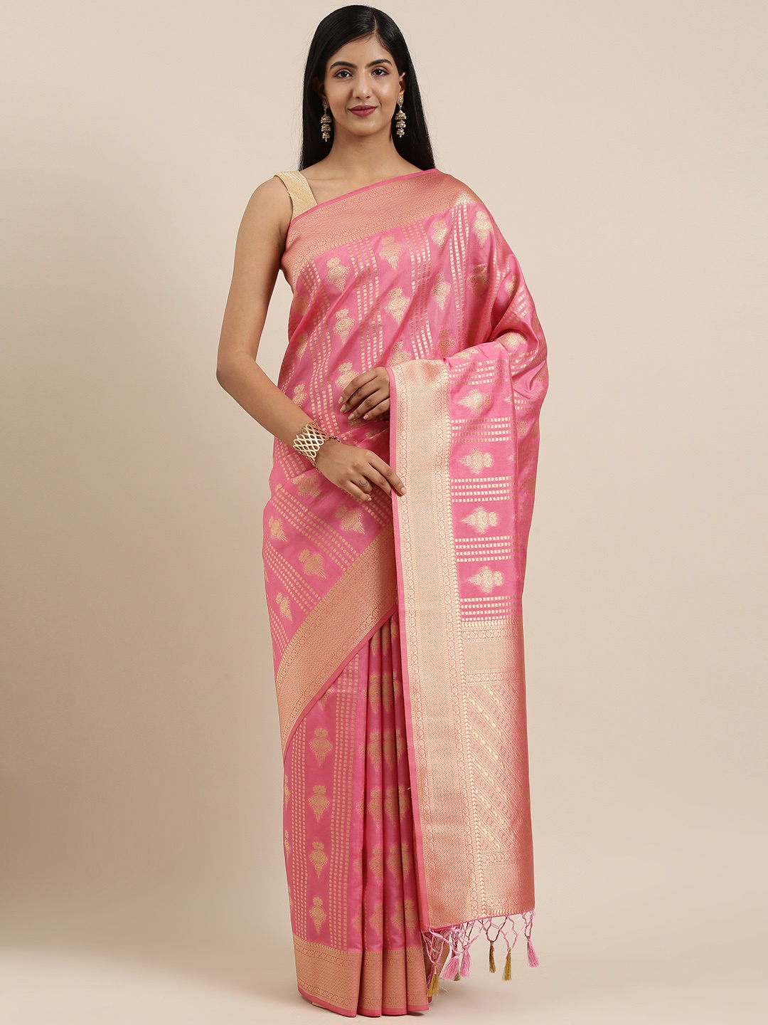 

MIMOSA Pink & Gold-Toned Art Silk Woven Design Kanjeevaram Saree