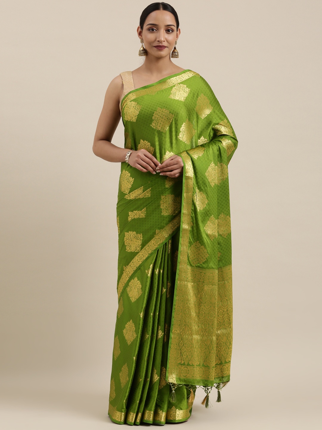 

MIMOSA Olive Green & Gold-Toned Poly Crepe Woven Design Mysore Silk Saree