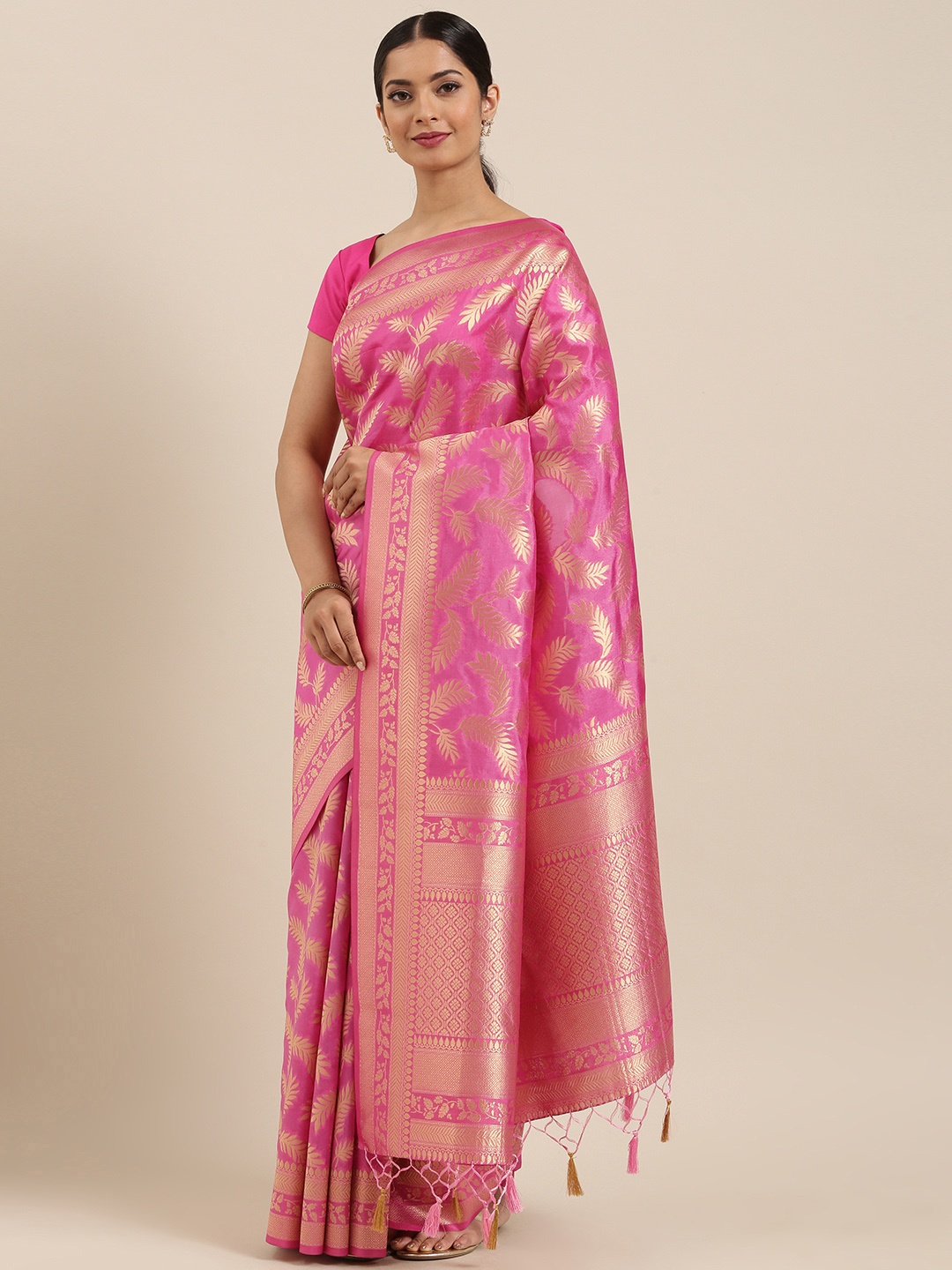 

MIMOSA Pink & Gold-Toned Woven Design Kanjeevaram Saree