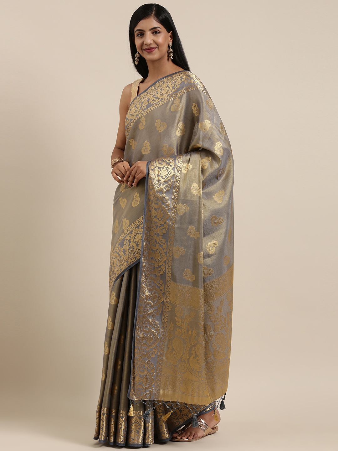 

MIMOSA Grey & Gold-Toned Art Silk Woven Design Kanjeevaram Saree
