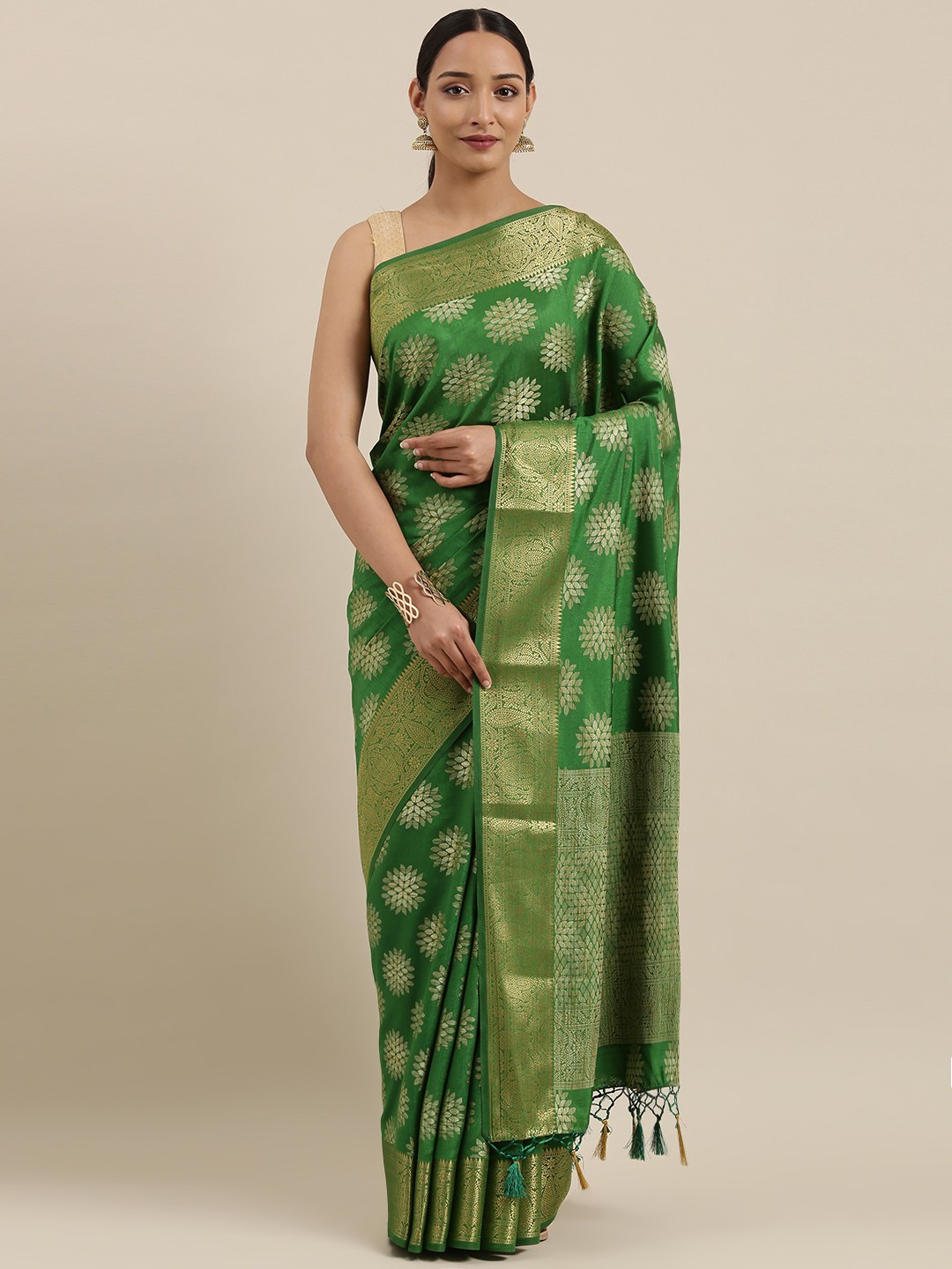 

MIMOSA Green & Gold-Toned Art Silk Woven Design Kanjeevaram Saree