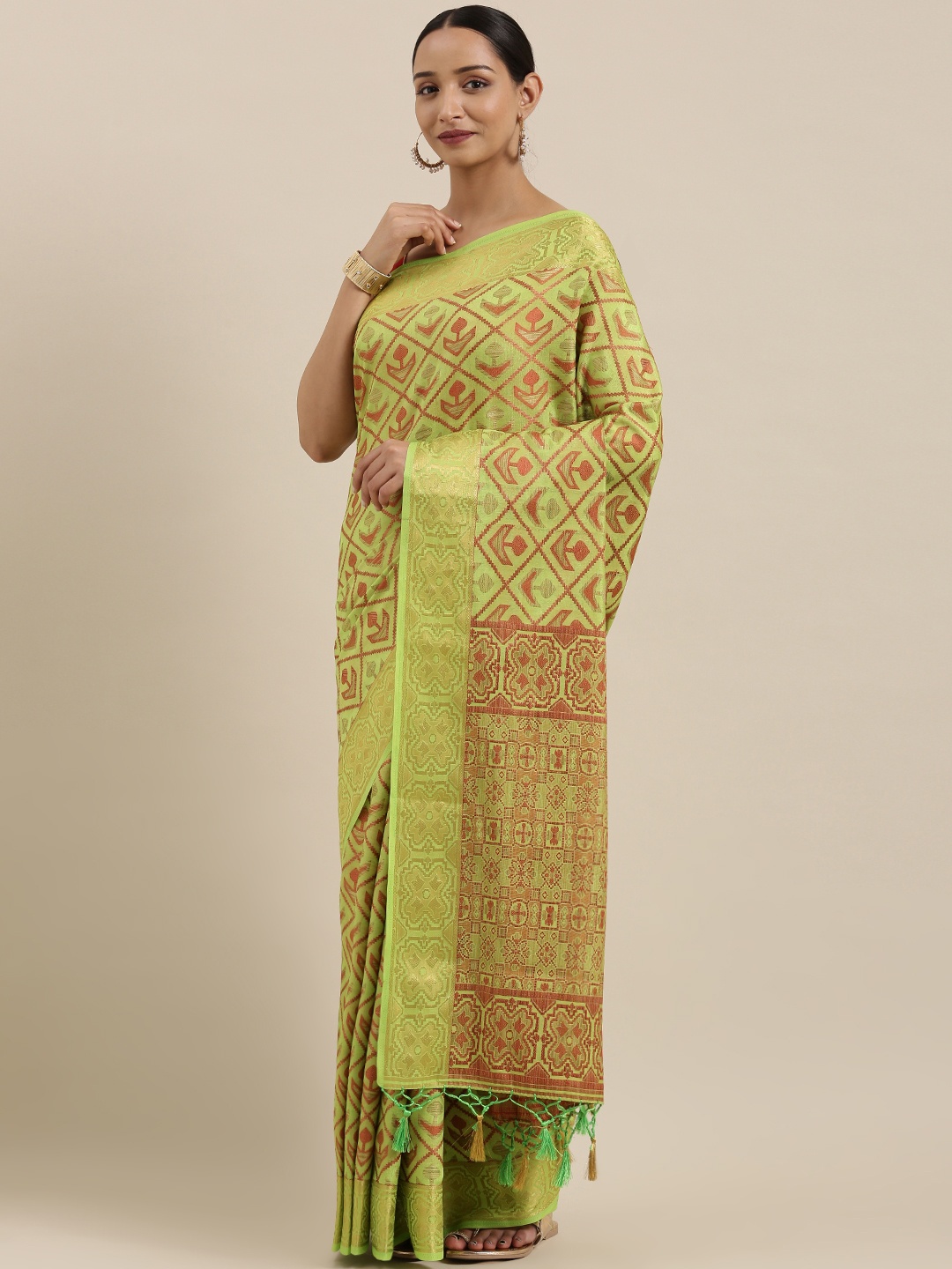 

MIMOSA Green & Red Art Silk Woven Design Patola Saree