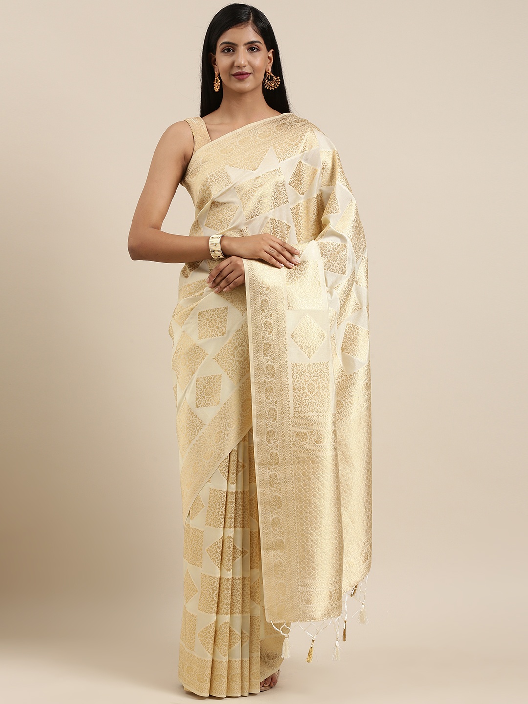 

MIMOSA Off-White Art Silk Woven Design Kanjeevaram Saree