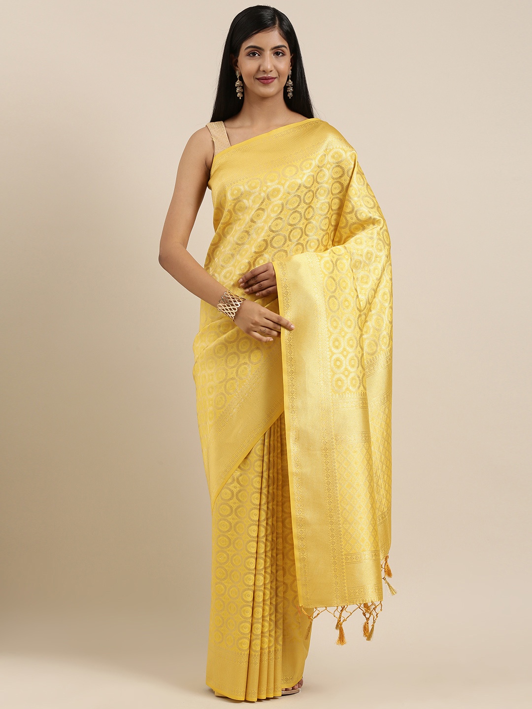 

MIMOSA Yellow & Gold-Toned Art Silk Woven Design Kanjeevaram Saree
