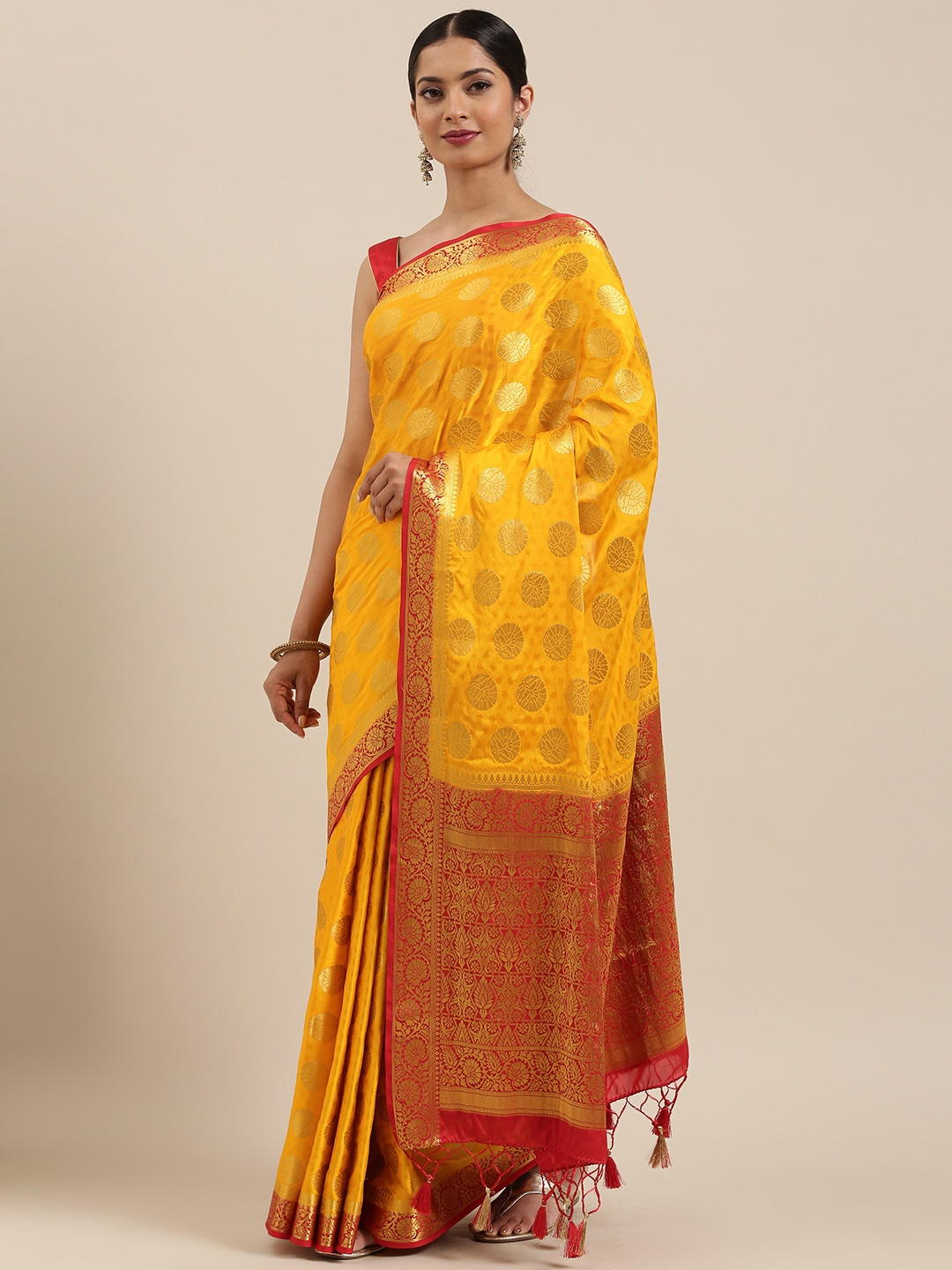 

MIMOSA Yellow & Red Poly Crepe Woven Design Mysore Silk Saree