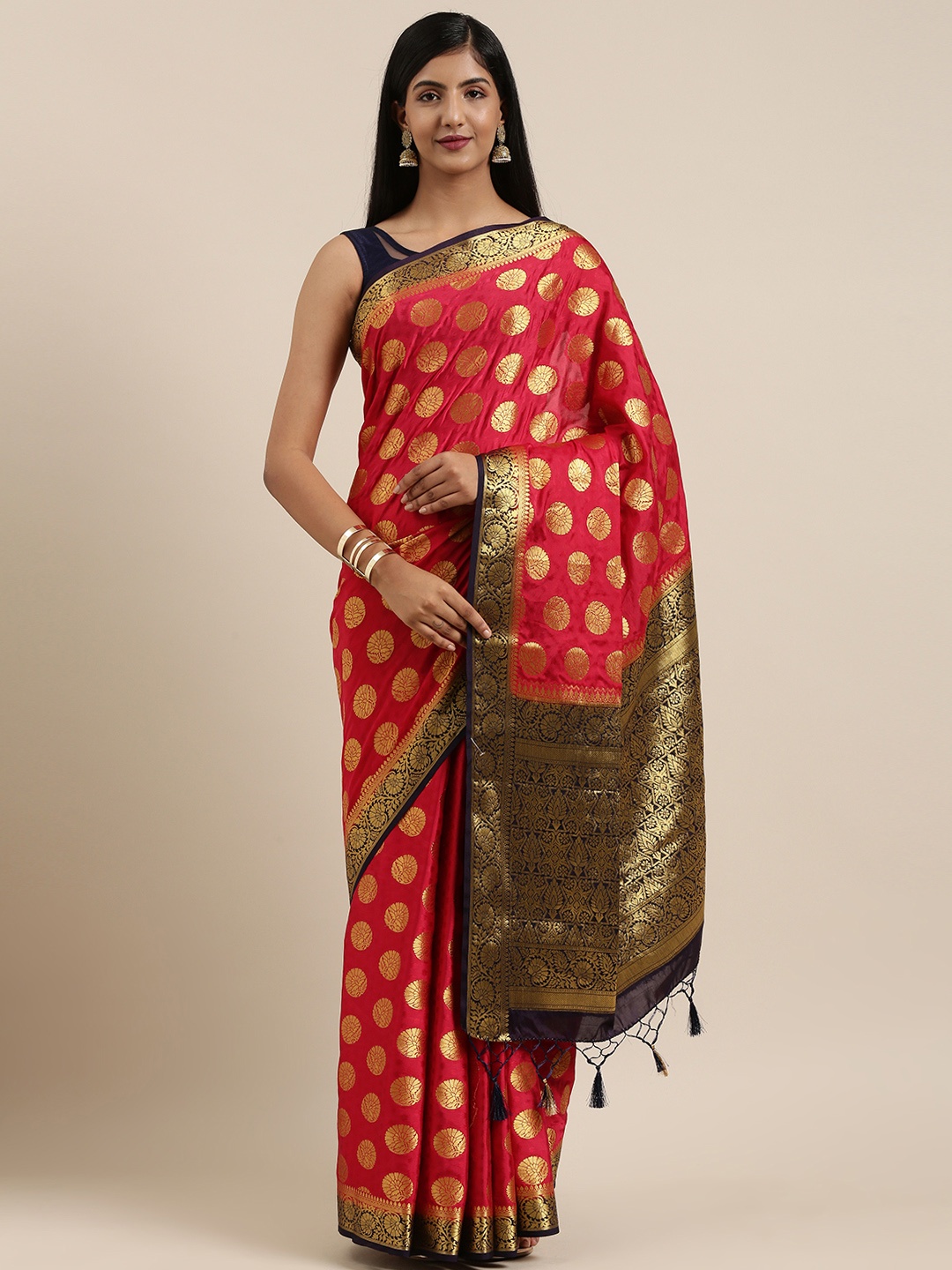 

MIMOSA Pink & Navy Blue Poly Crepe Woven Design Mysore Silk Saree