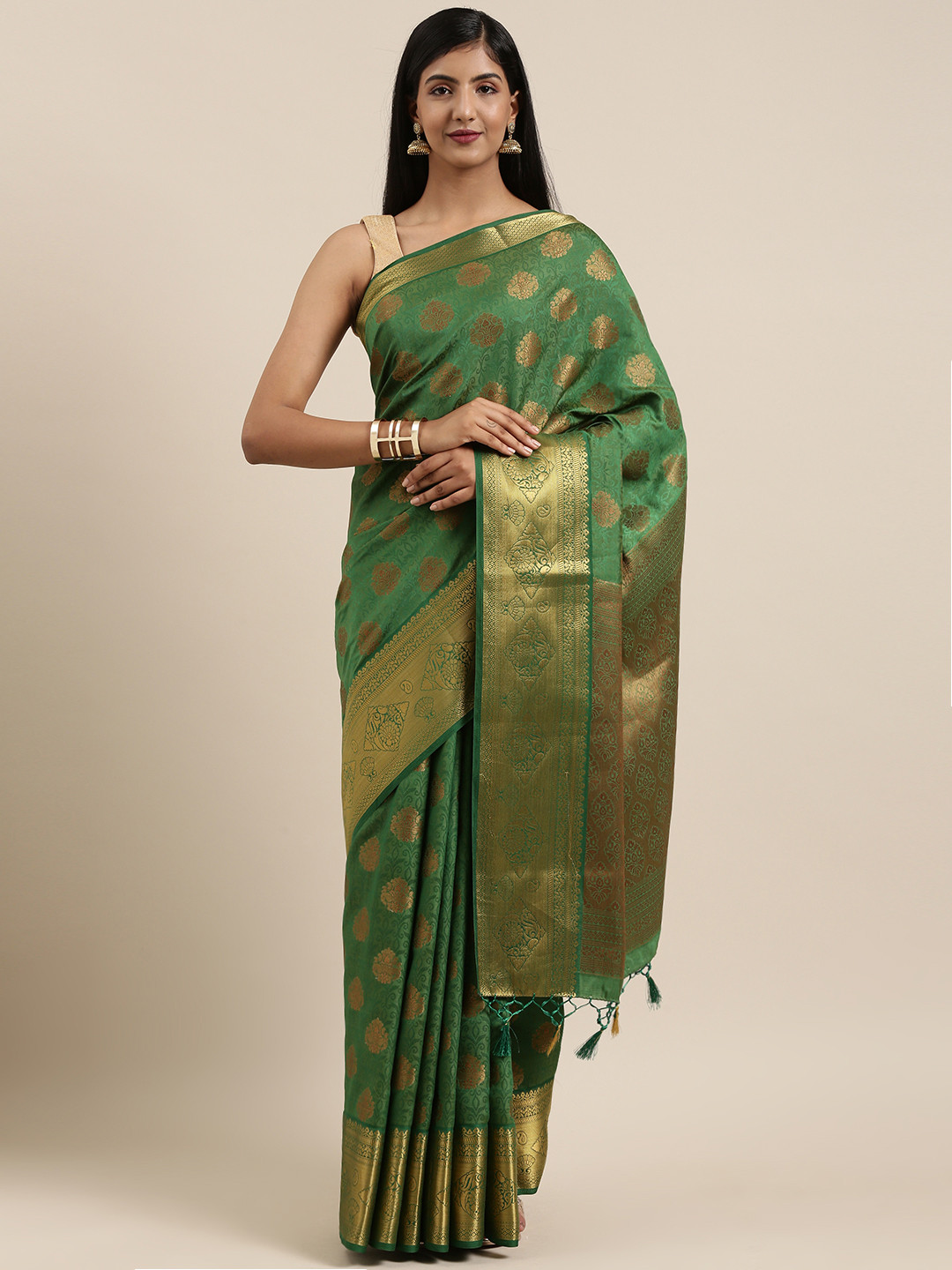 

MIMOSA Green & Gold-Toned Art Silk Woven Design Kanjeevaram Saree