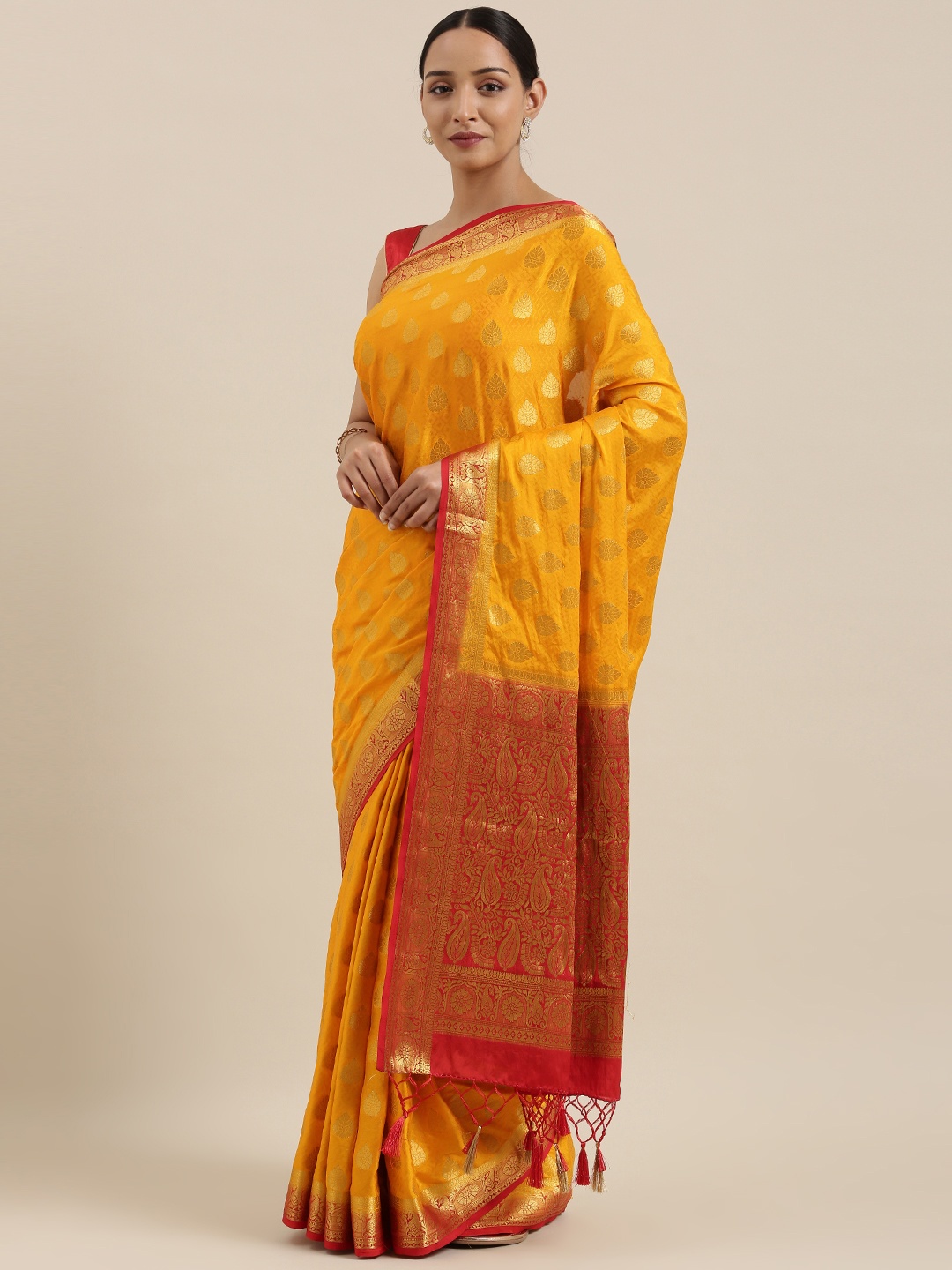 

MIMOSA Mustard & Gold-Toned Woven Design Mysore Silk Saree