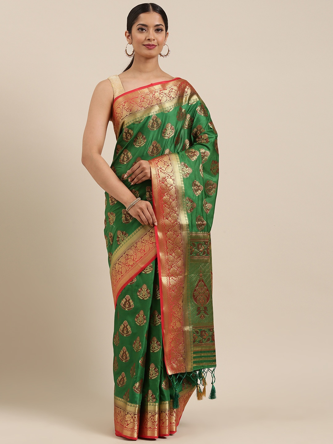 

MIMOSA Green & Brown Art Silk Woven Design Kanjeevaram Saree