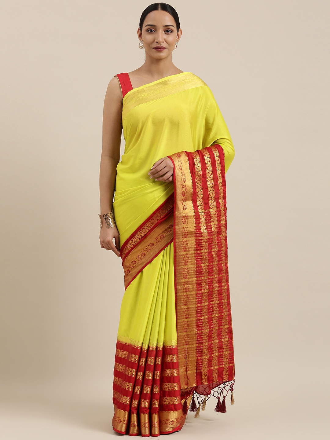 

MIMOSA Lime Green & Red Solid Mysore Silk Saree