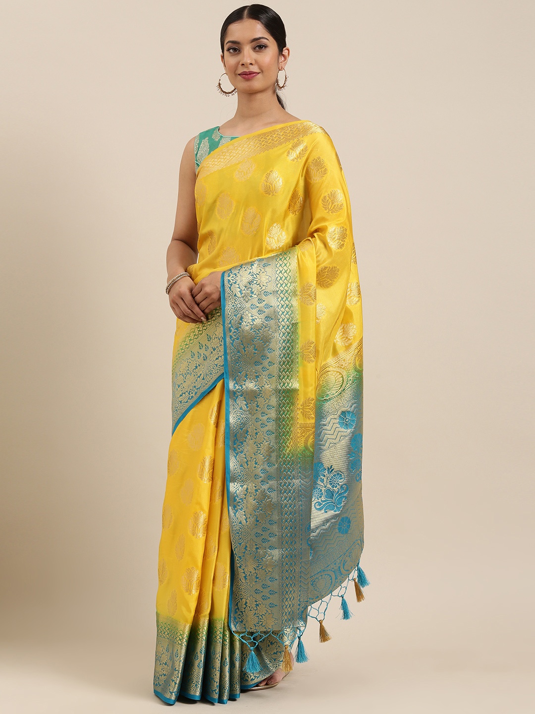 

MIMOSA Yellow & Blue Art Silk Woven Design Kanjeevaram Saree