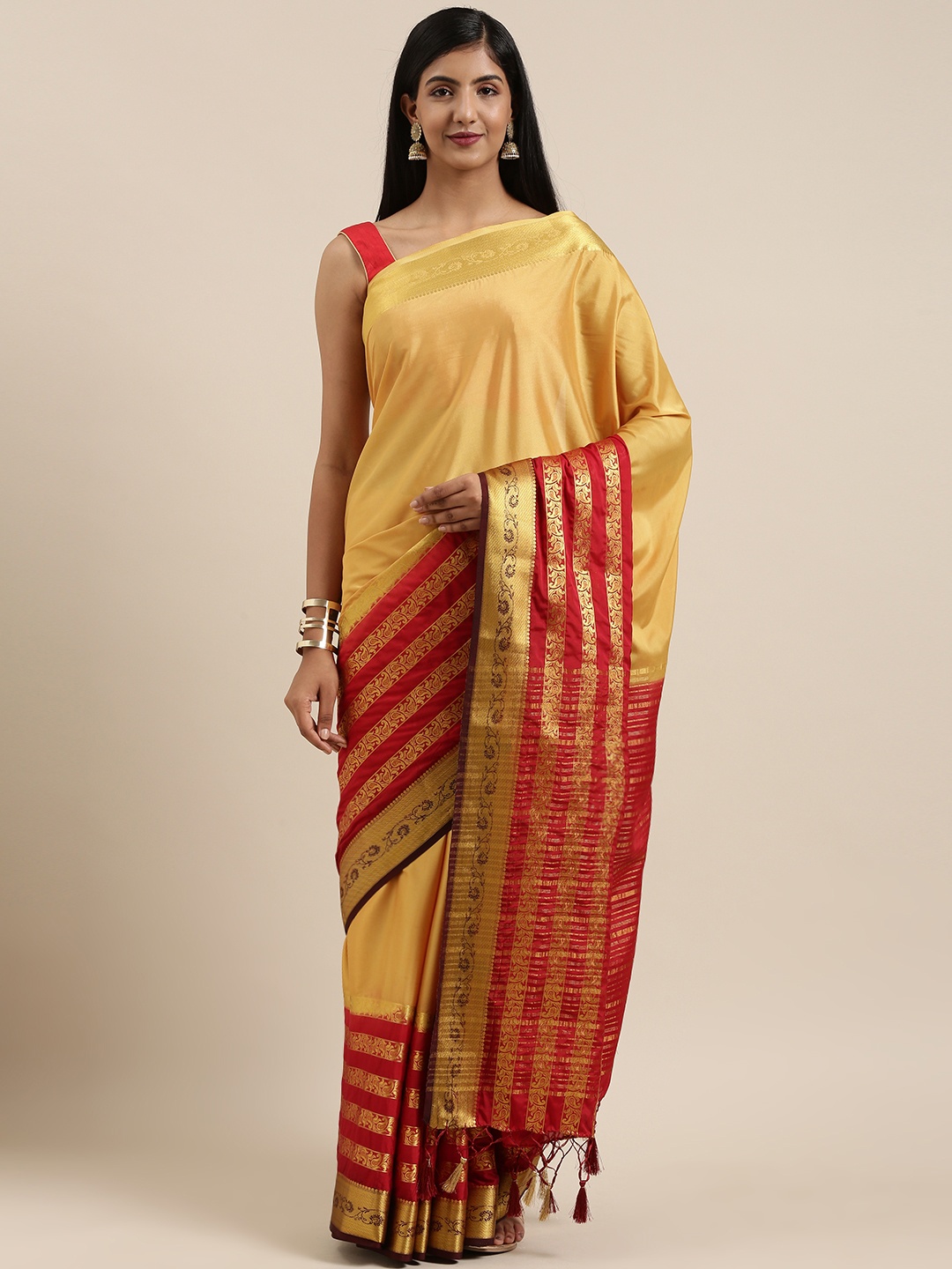 

MIMOSA Yellow & Red Poly Crepe Woven Design Mysore Silk Saree