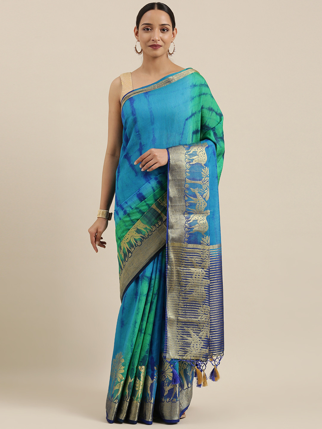 

MIMOSA Blue & Green Linen Blend Shibori Dyed Banarasi Saree