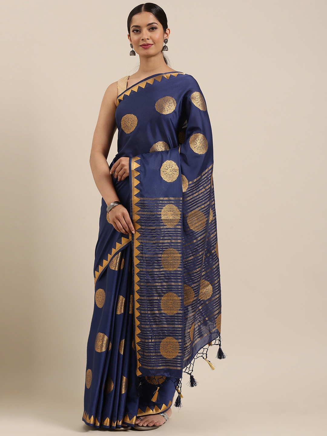 

MIMOSA Navy Blue & Gold-Toned Woven Design Mysore Silk Saree