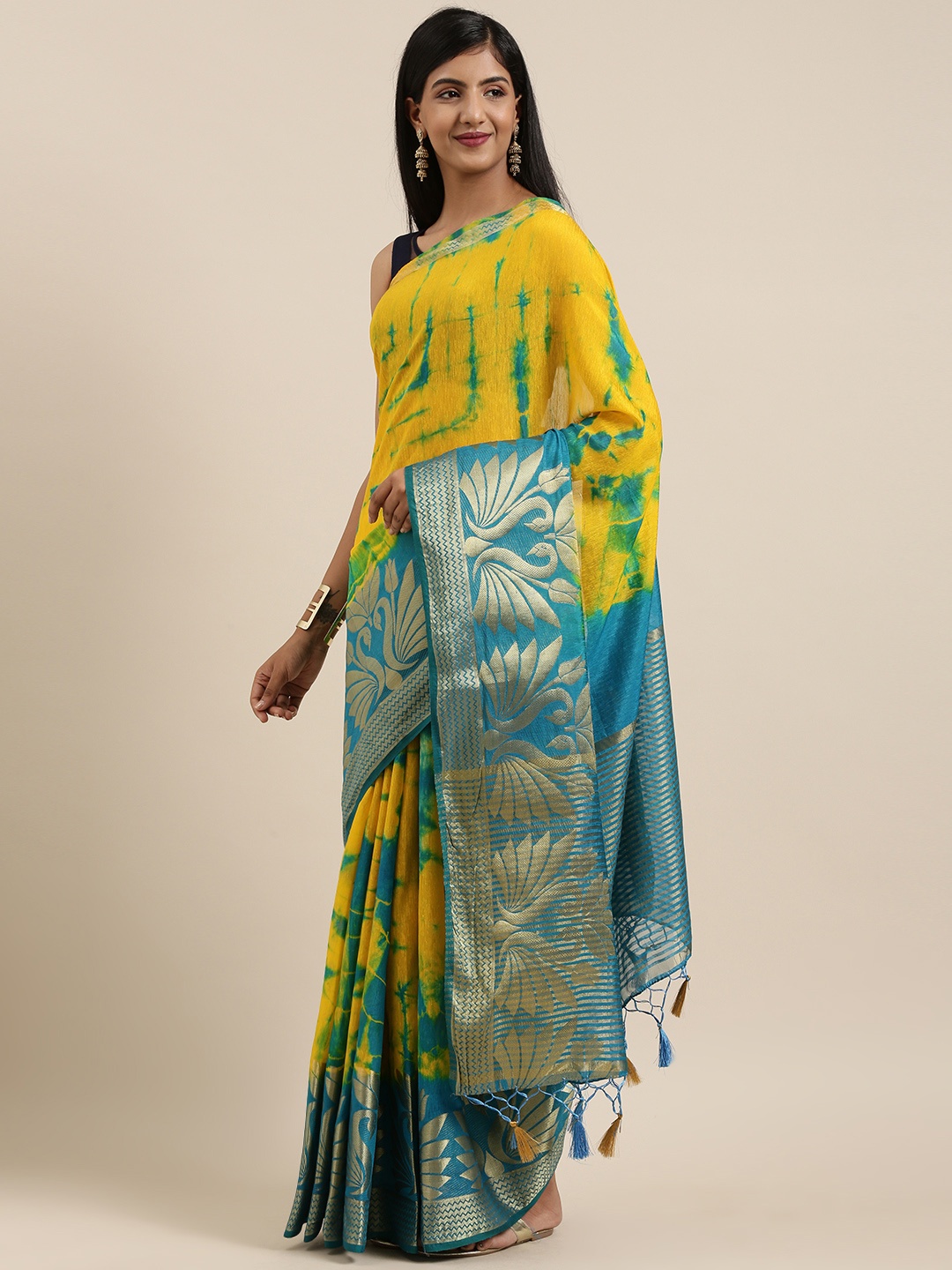 

MIMOSA Yellow & Blue Shibori Dyed Linen Blend Banarasi Saree