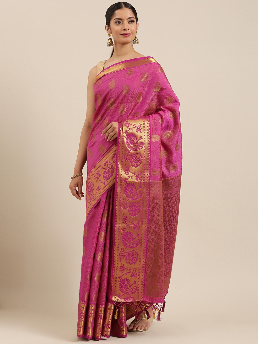 

MIMOSA Purple & Gold-Toned Woven Design Kanjeevaram Saree