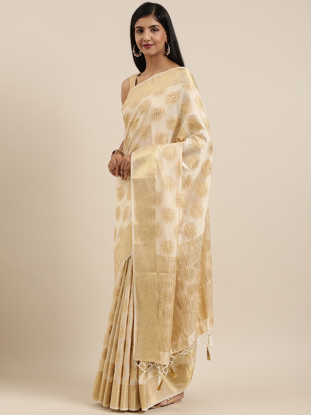 

MIMOSA Off-White & Gold-Toned Art Silk Woven Design Kanjeevaram Saree