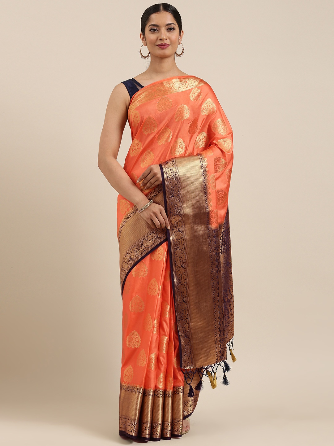 

MIMOSA Orange & Gold-Toned Art Silk Woven Design Kanjeevaram Saree