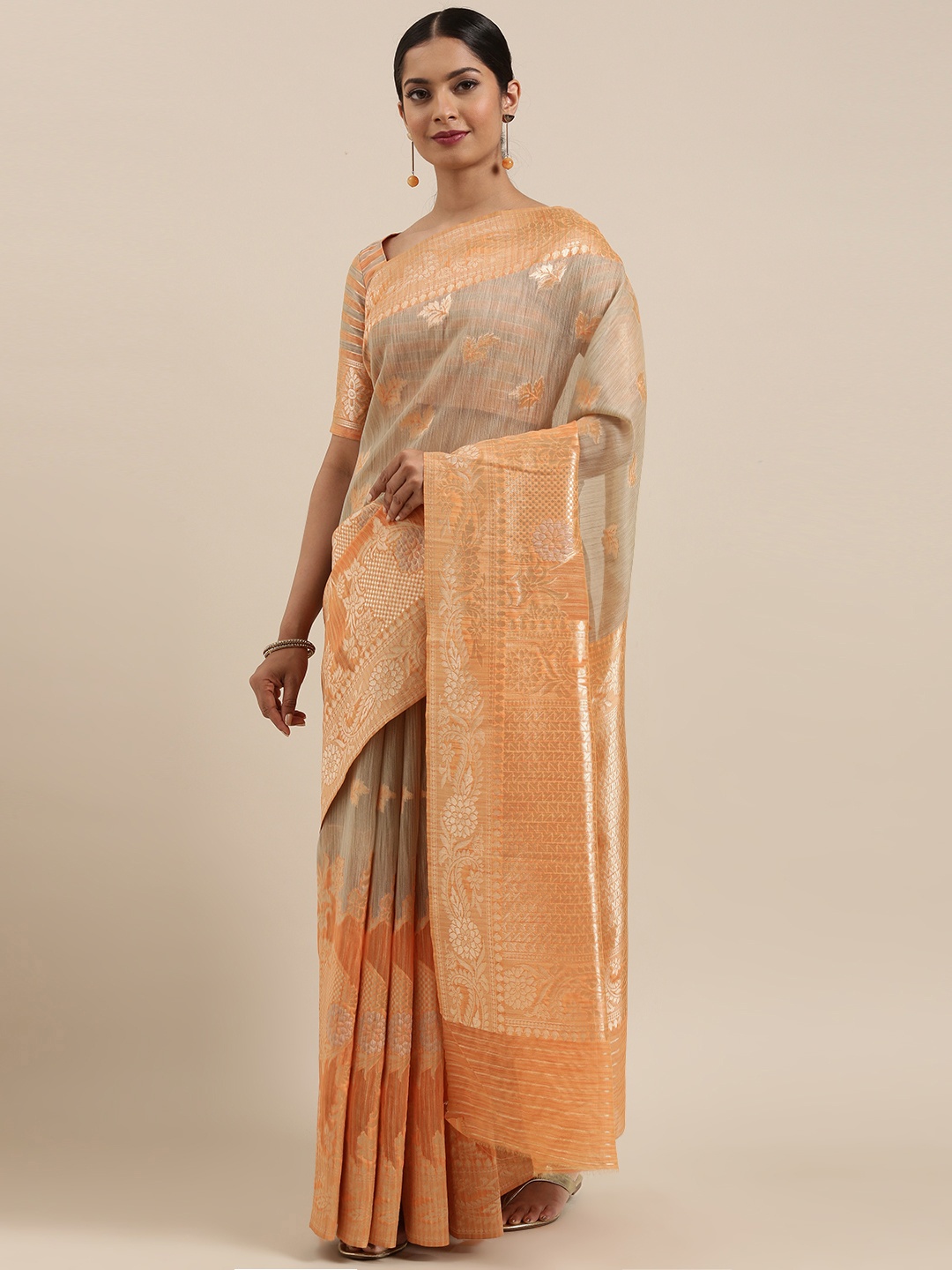 

MIMOSA Coral & Gold-Toned Cotton Blend Woven Design Banarasi Saree