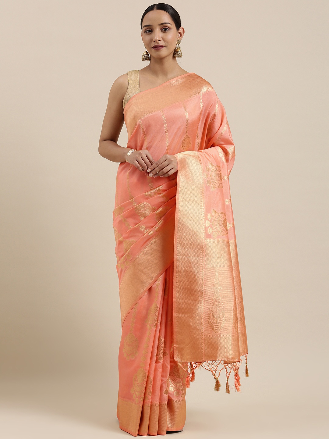 

MIMOSA Peach-Coloured & Gold-Toned Art Silk Woven Design Kanjeevaram Saree