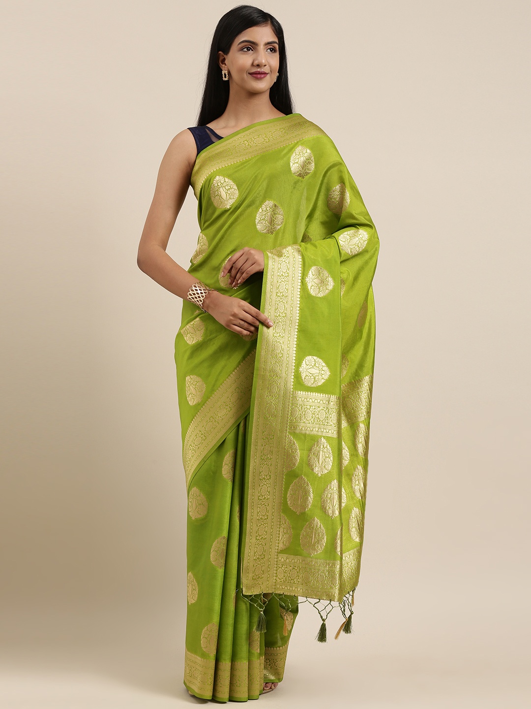 

MIMOSA Green & Gold-Toned Art Silk Woven Design Kanjeevaram Saree