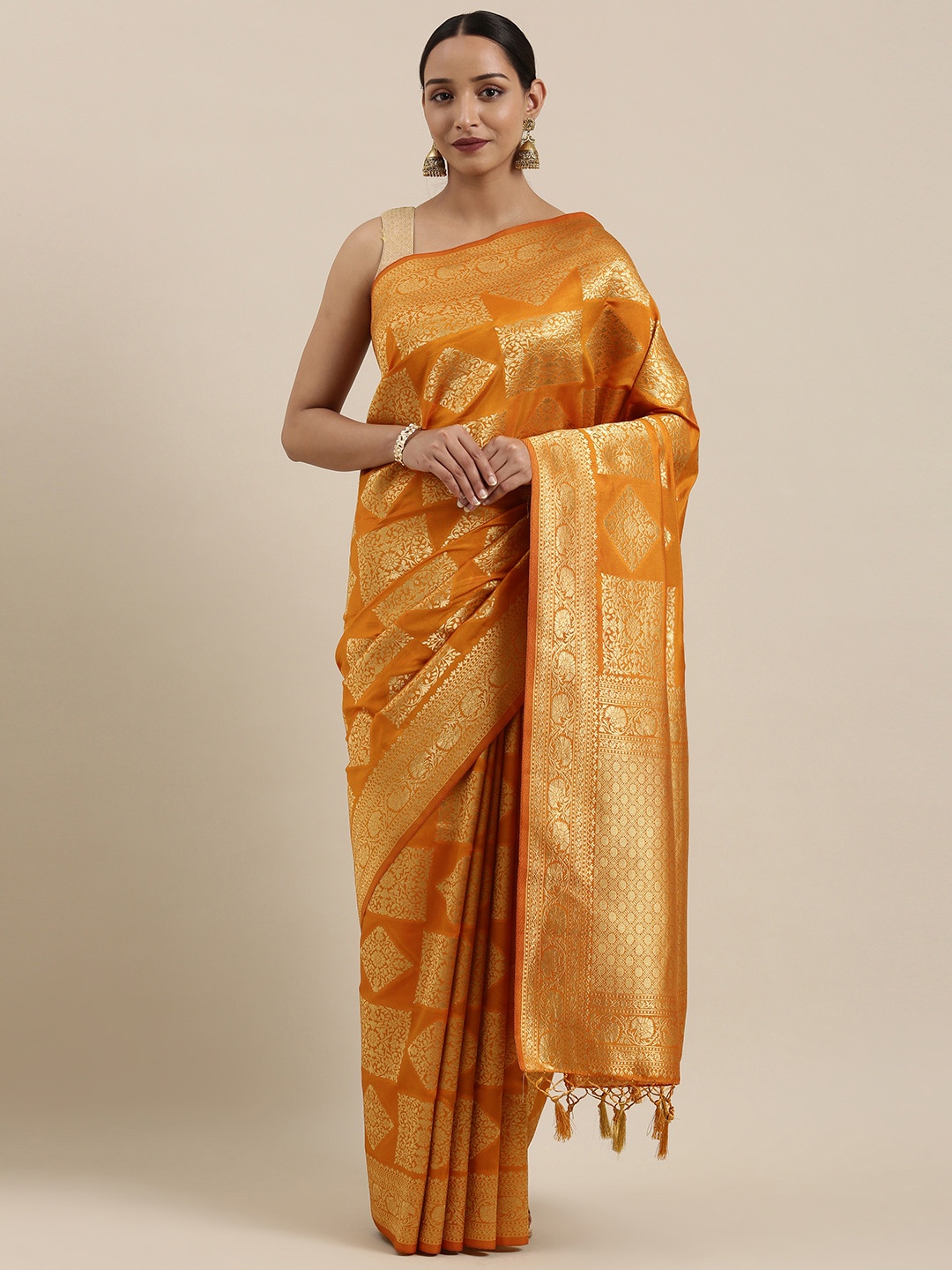 

MIMOSA Mustard Yellow & Gold-Toned Art Silk Woven Design Kanjeevaram Saree