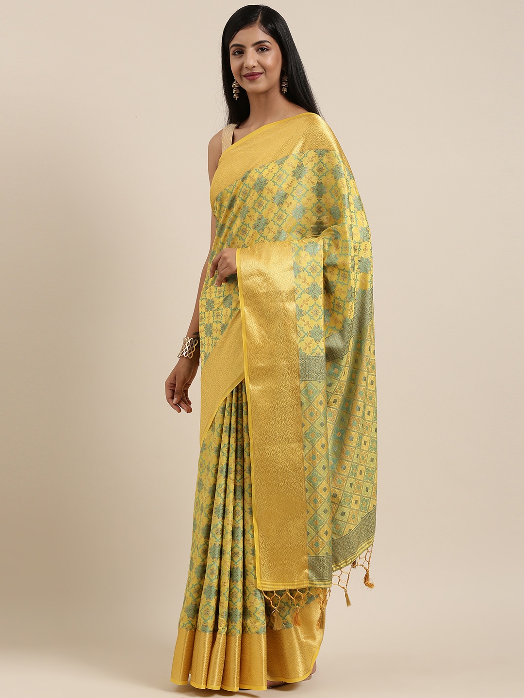 

MIMOSA Mustard Yellow & Green Art Silk Woven Design Patola Saree