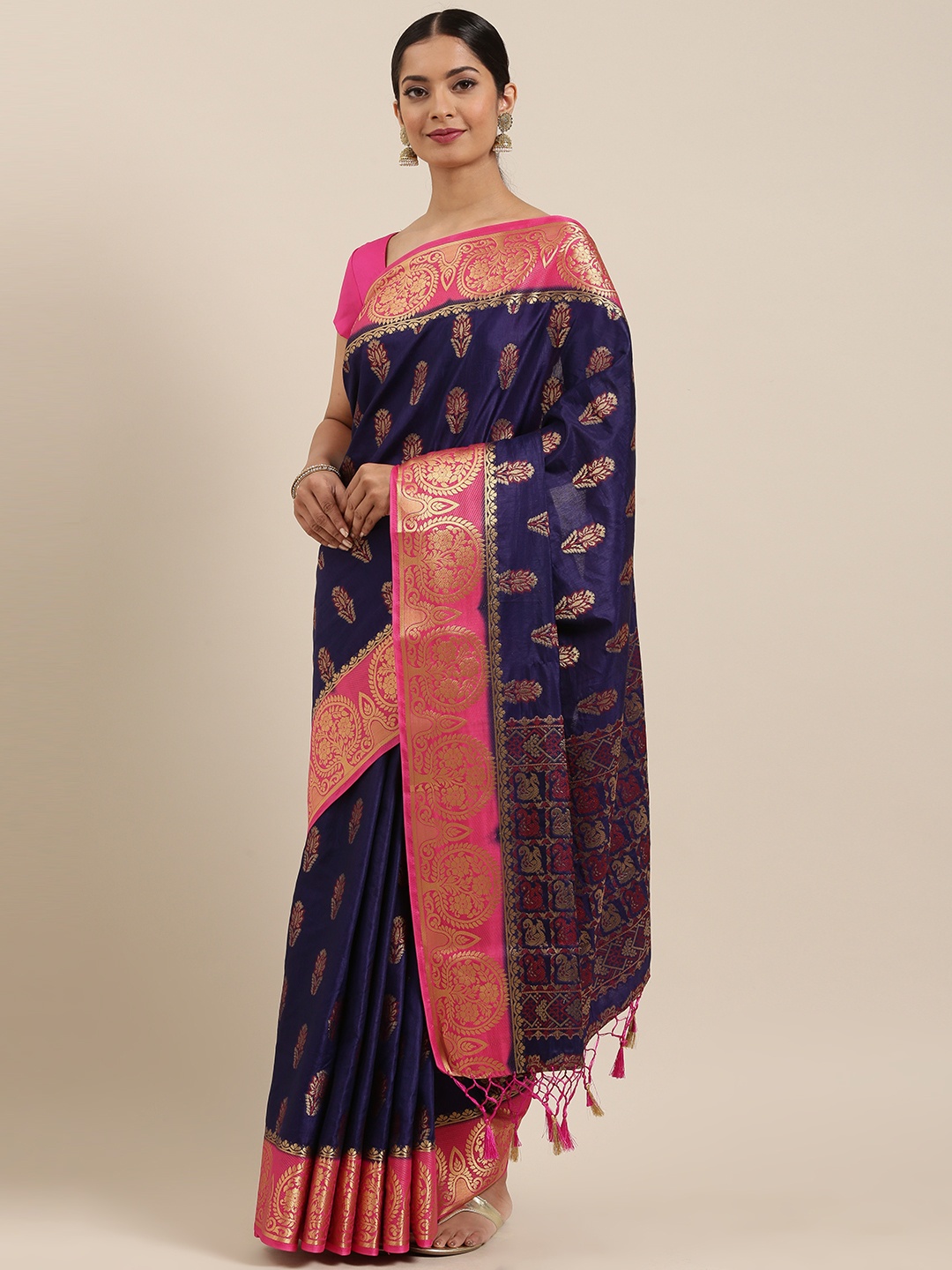 

MIMOSA Navy Blue & Gold-Toned Woven Design Kanjeevaram Saree