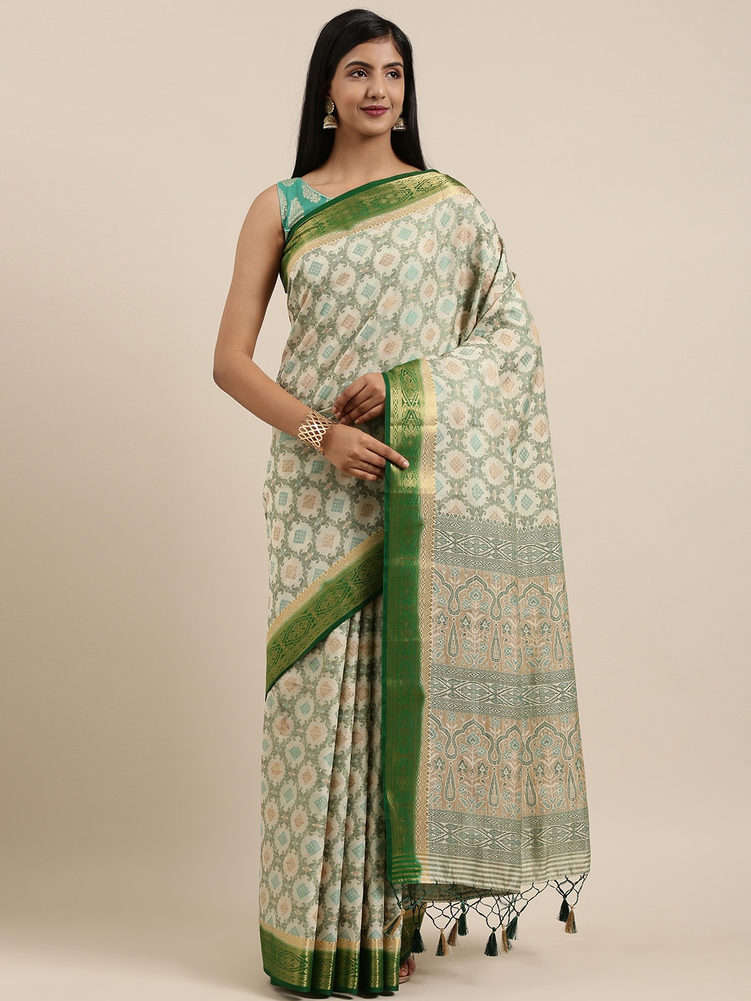 

MIMOSA Off-White & Green Art Silk Woven Design Kanjeevaram Saree