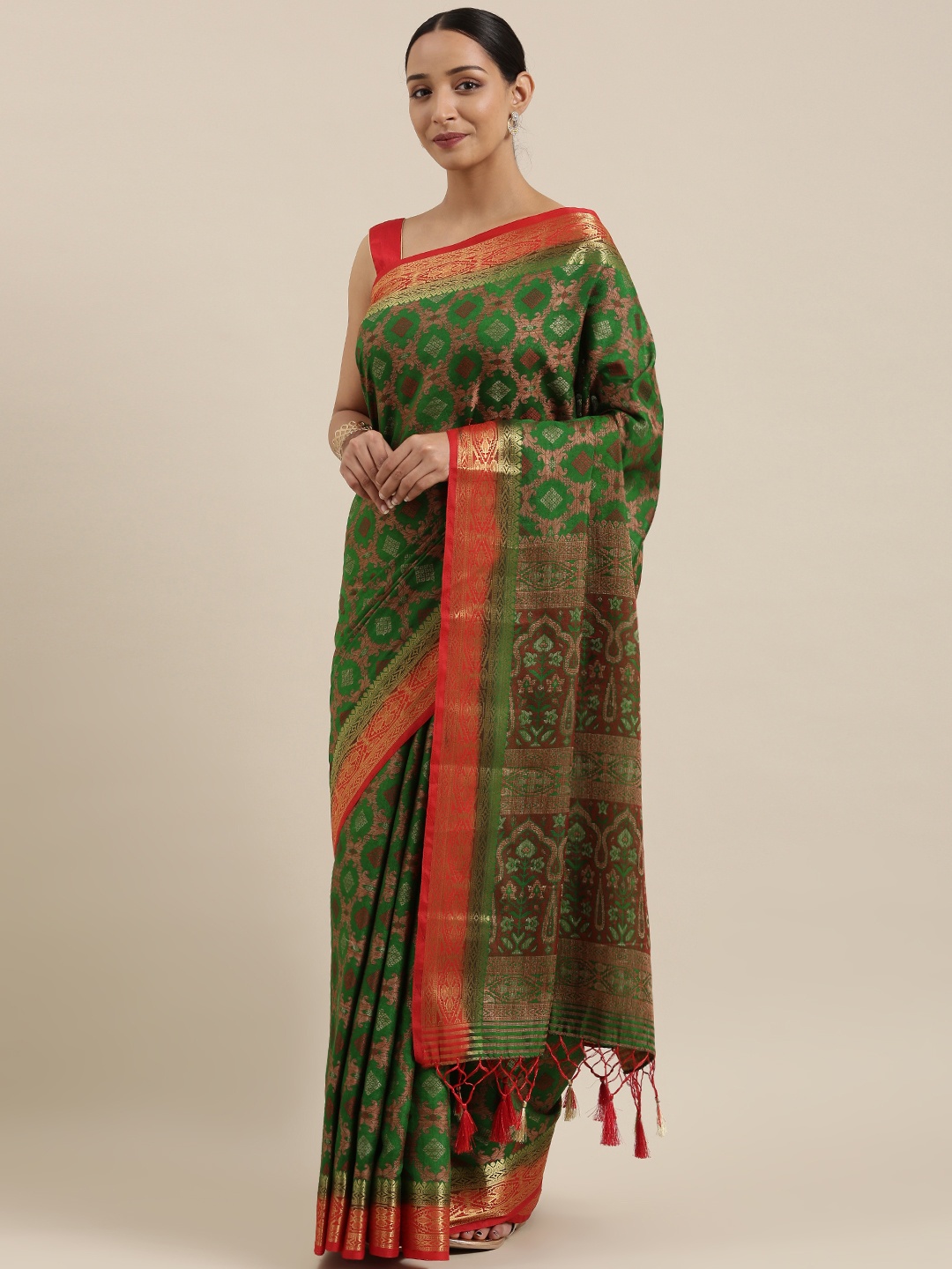 

MIMOSA Green & Red Art Silk Woven Design Kanjeevaram Saree