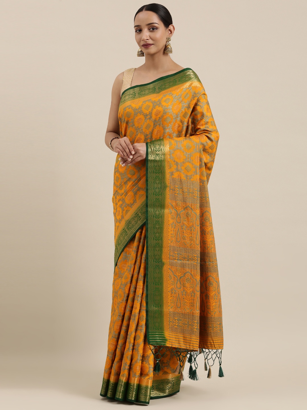 

MIMOSA Mustard Yellow & Green Art Silk Woven Design Kanjeevaram Saree