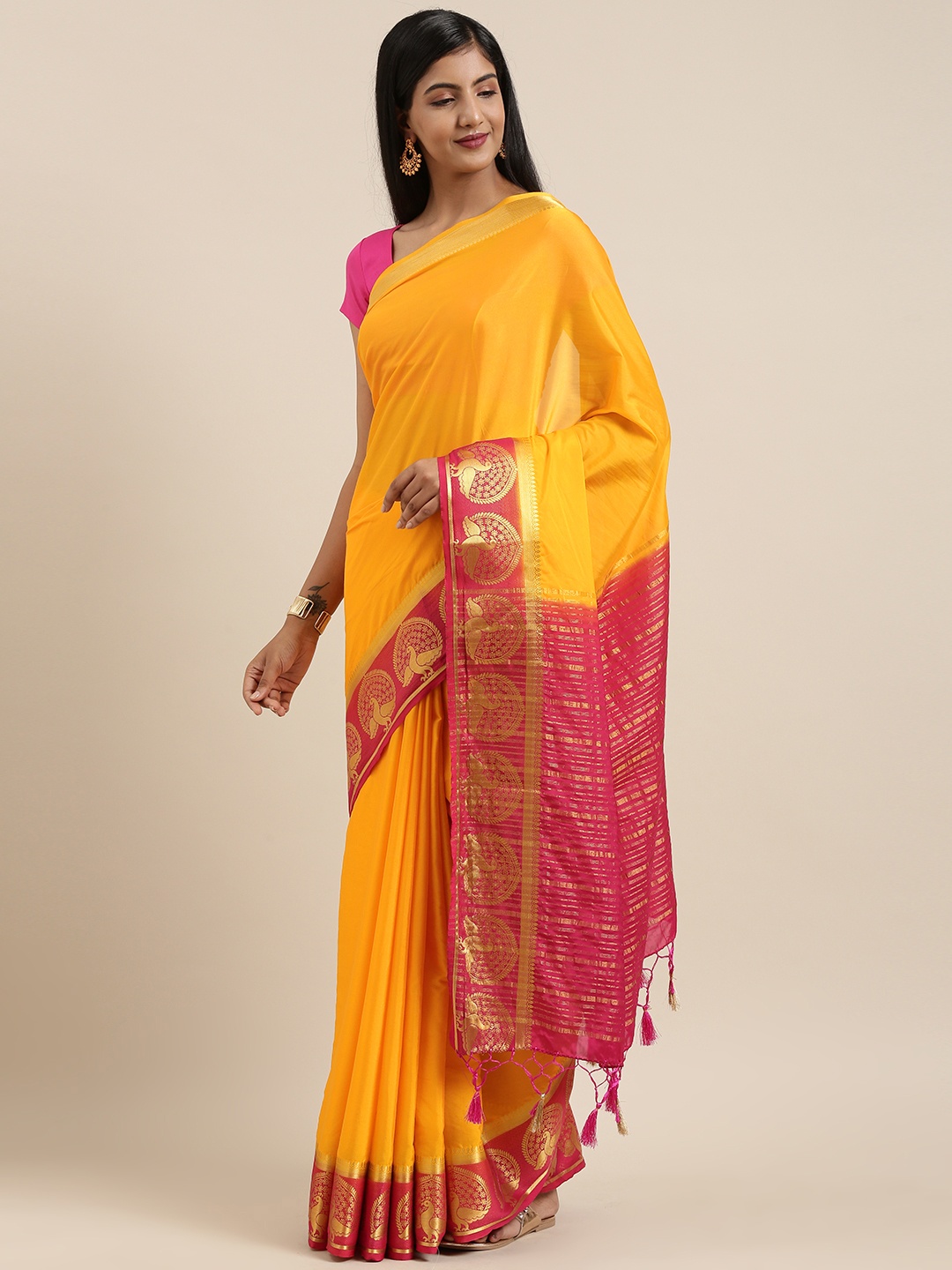 

MIMOSA Mustard & Pink Poly Crepe Solid Mysore Silk Saree