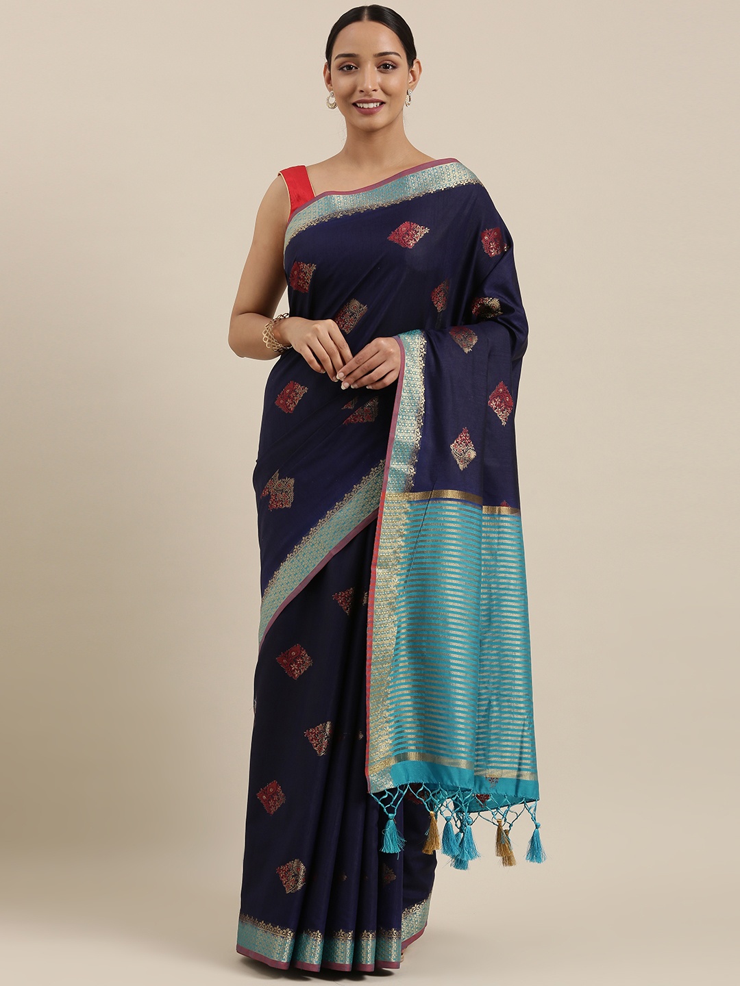 

MIMOSA Navy Blue & Gold-Toned Woven Design Kanjeevaram Saree
