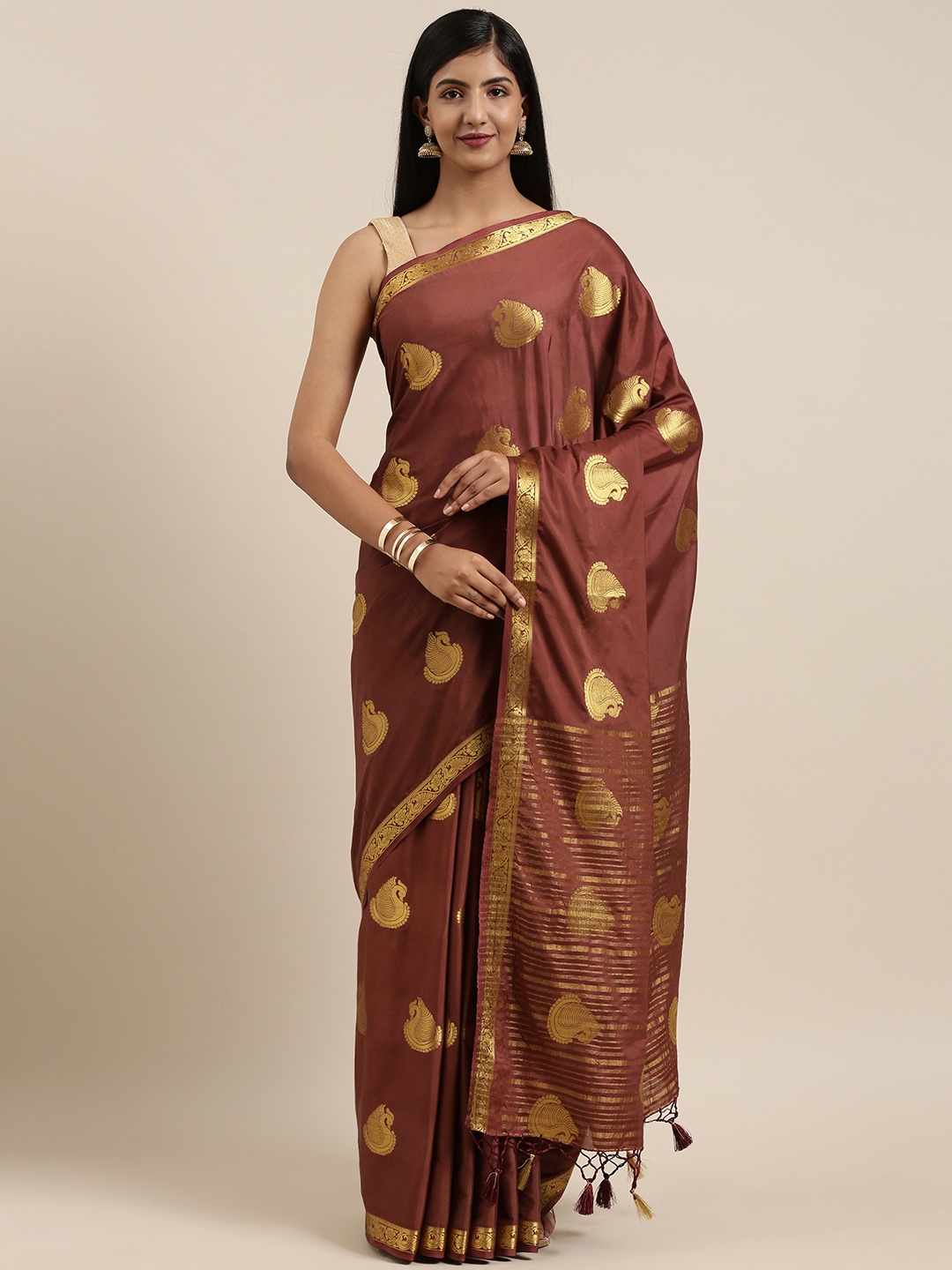 

MIMOSA Brown & Gold-Toned Poly Crepe Woven Design Mysore Silk Saree